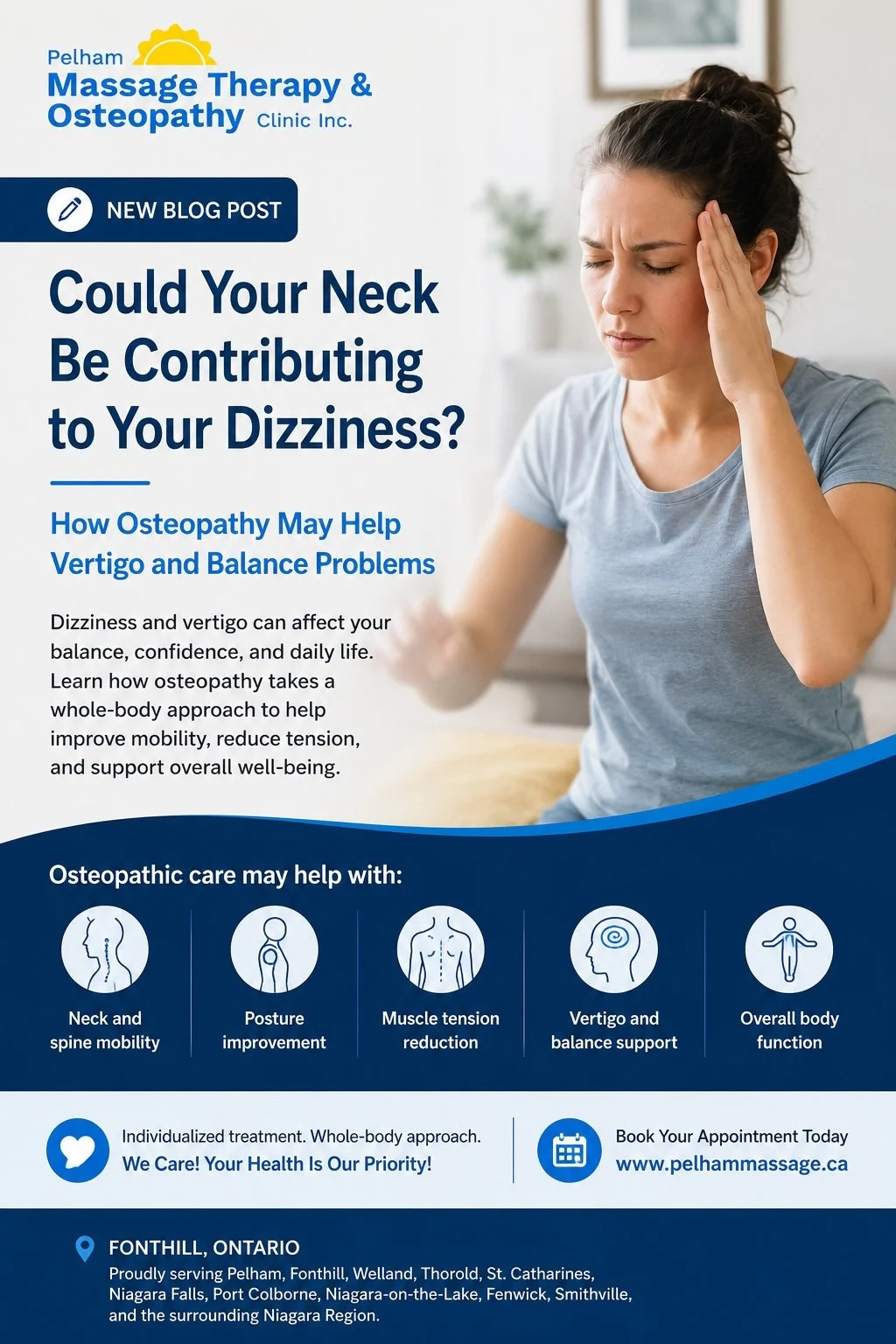 Osteopathy treatment for vertigo and dizziness at Pelham Massage Therapy & Osteopathy Clinic in Fonthill.