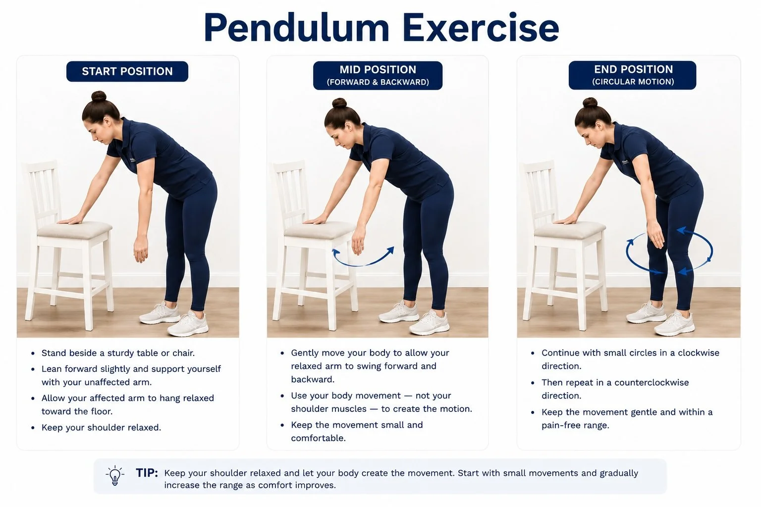 Step-by-step Pendulum Exercise to improve shoulder mobility and reduce pain for frozen shoulder, rotator cuff injuries, and shoulder stiffness.