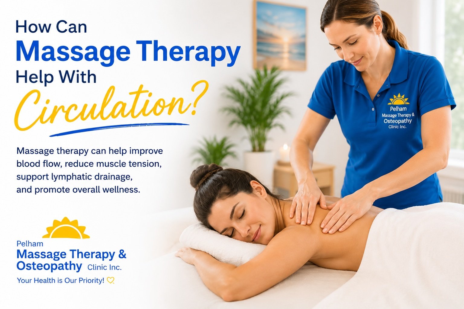 Massage therapist providing a back massage to help improve circulation, reduce muscle tension, support lymphatic drainage, and promote overall wellness at Pelham Massage Therapy & Osteopathy Clinic in Fonthill.