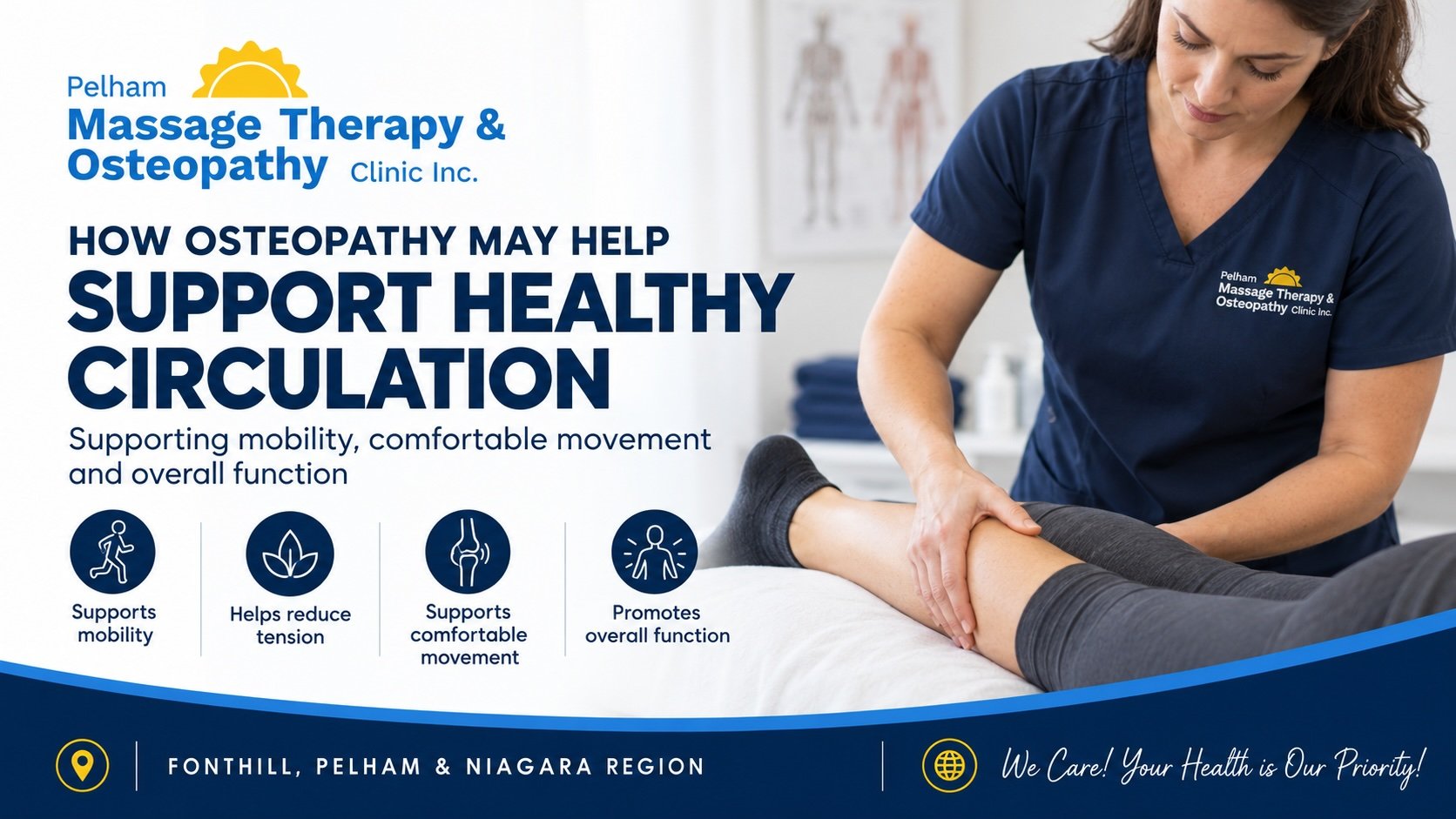 Osteopathic practitioner providing hands-on treatment to a client’s lower leg at Pelham Massage Therapy & Osteopathy Clinic in Fonthill, Pelham.