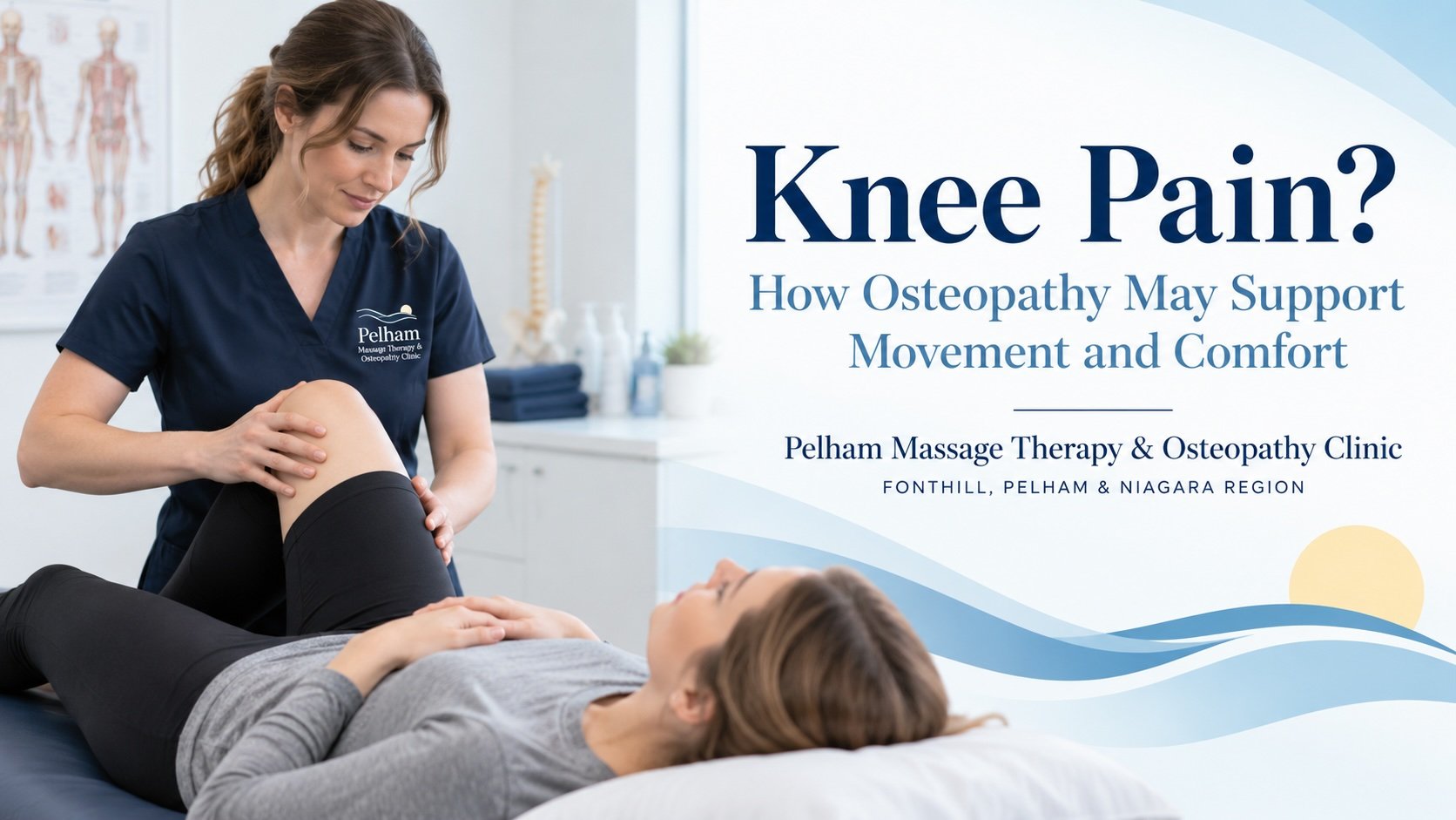 Osteopathic practitioner assessing a client’s knee at Pelham Massage Therapy & Osteopathy Clinic in Fonthill, Pelham.