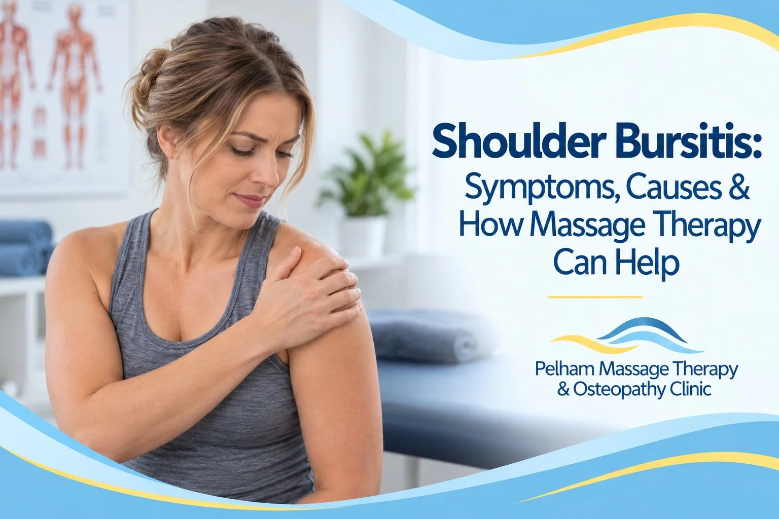 Woman holding her shoulder with discomfort, illustrating a shoulder bursitis article for Pelham Massage Therapy & Osteopathy Clinic in Fonthill, Pelham.