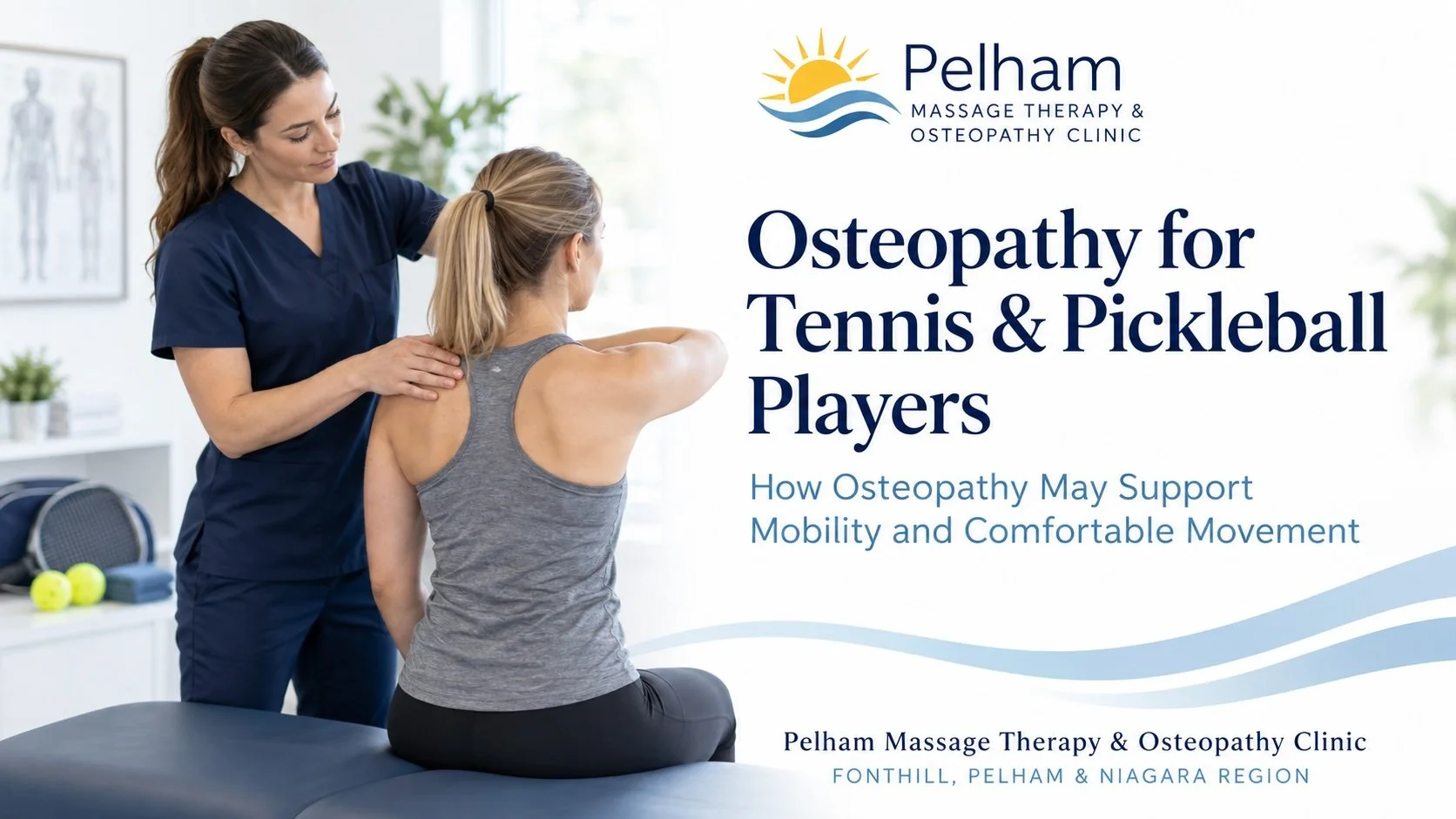Osteopathic Manual Practitioner assessing shoulder and upper back movement in a fully clothed tennis or pickleball player at Pelham Massage Therapy & Osteopathy Clinic in Fonthill, Pelham.