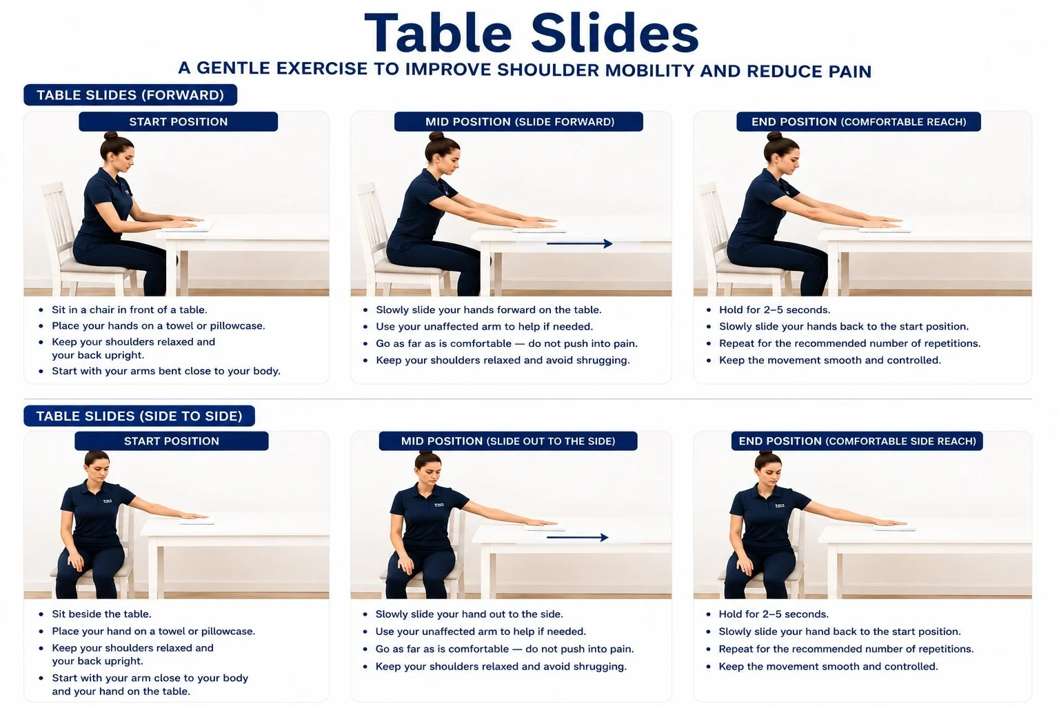 Table Slides shoulder mobility exercise showing forward and side-to-side movements to improve shoulder range of motion for frozen shoulder, rotator cuff rehabilitation, and shoulder stiffness | Pelham Massage Therapy & Osteopathy Clinic