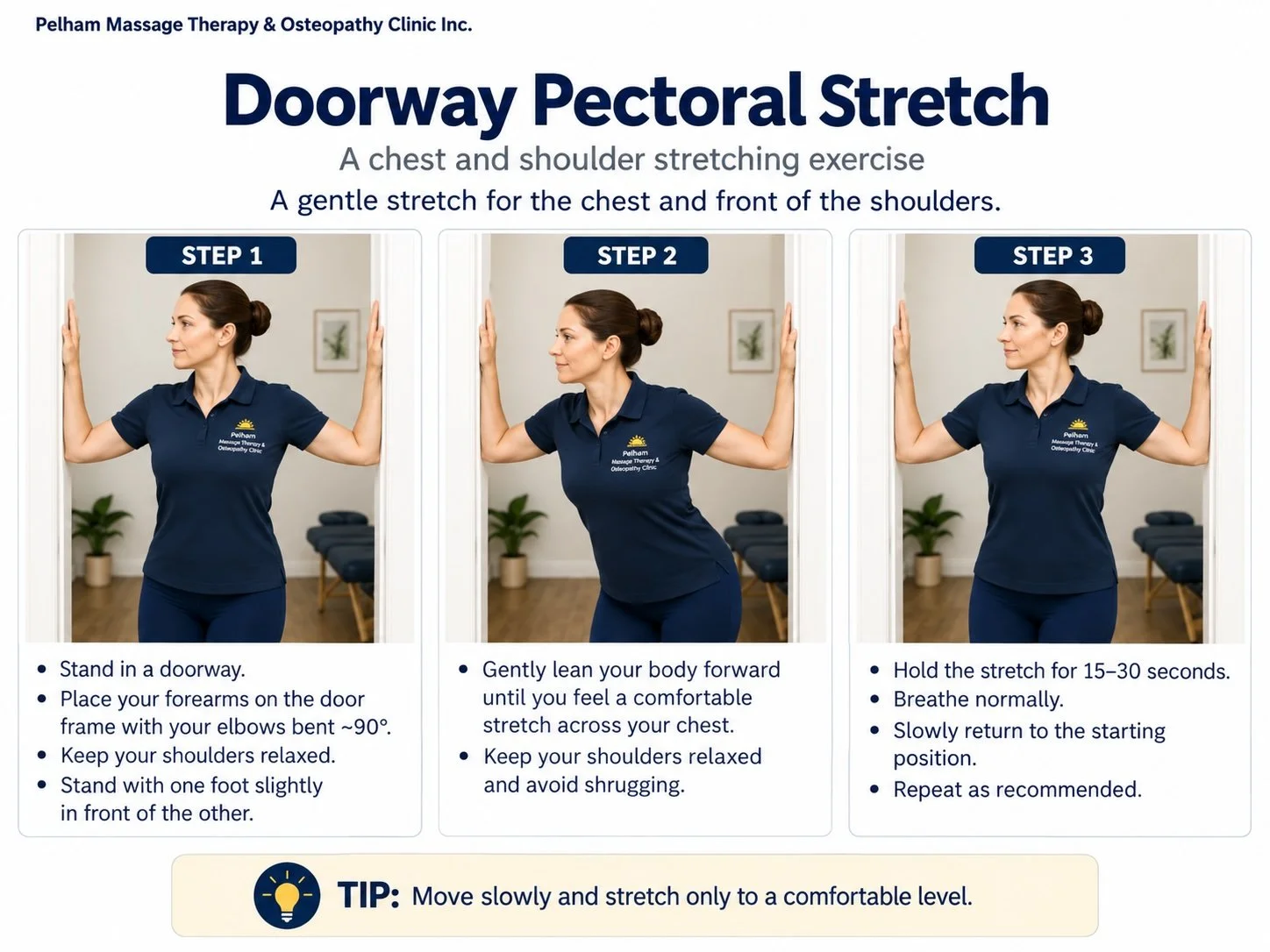 Woman demonstrating the three steps of a doorway pectoral stretch with her forearms supported on a door frame.