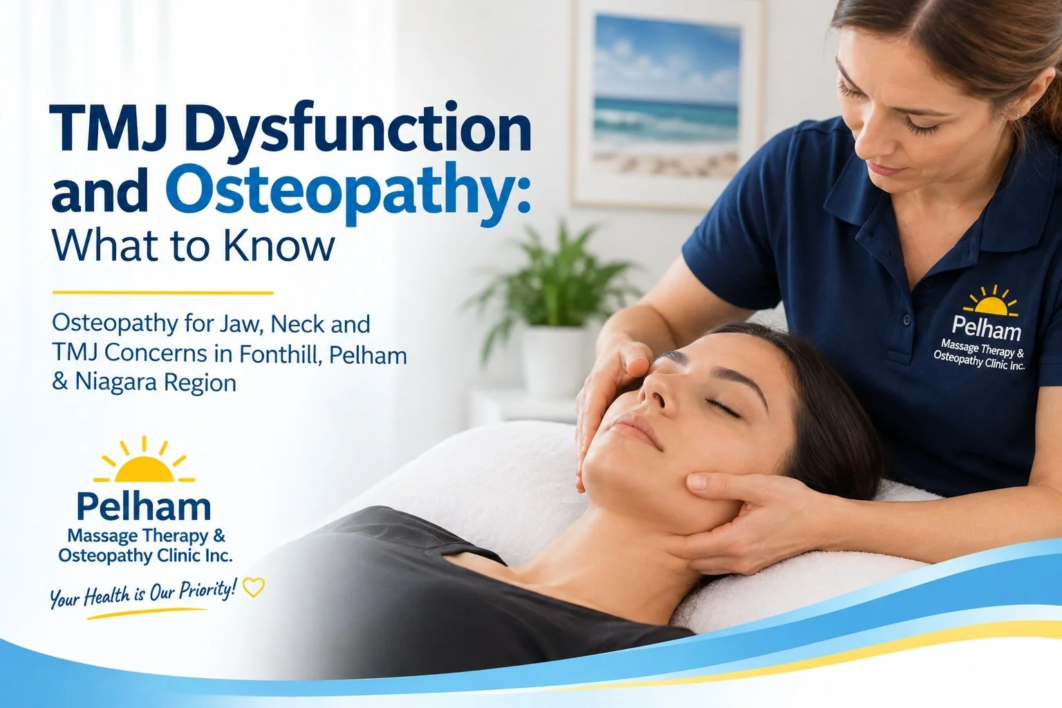 Manual osteopathic practitioner assessing the jaw and neck of a client with TMJ-related concerns at Pelham Massage Therapy & Osteopathy Clinic in Fonthill, Ontario.
