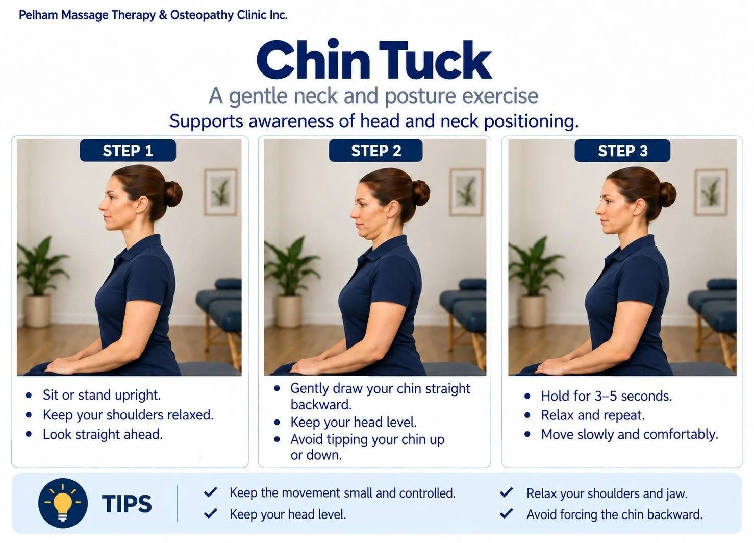 Woman demonstrating a chin tuck exercise in three steps, showing a neutral starting position, the chin gently drawn backward, and the held position.
