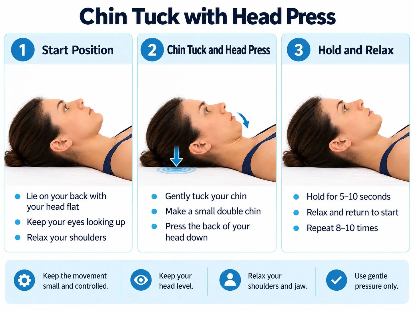 Woman demonstrating a chin tuck with head press while lying on her back, showing the start position, gentle chin tuck with downward head pressure, and hold position.