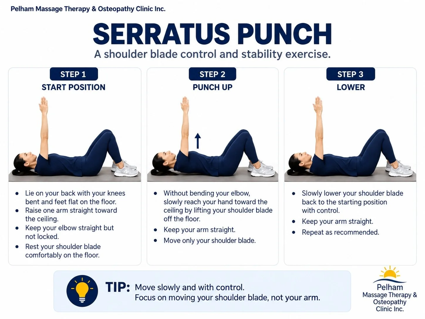 Woman demonstrating the start, upward reach, and lowering positions of a Serratus Punch exercise while lying on her back with one arm raised toward the ceiling.