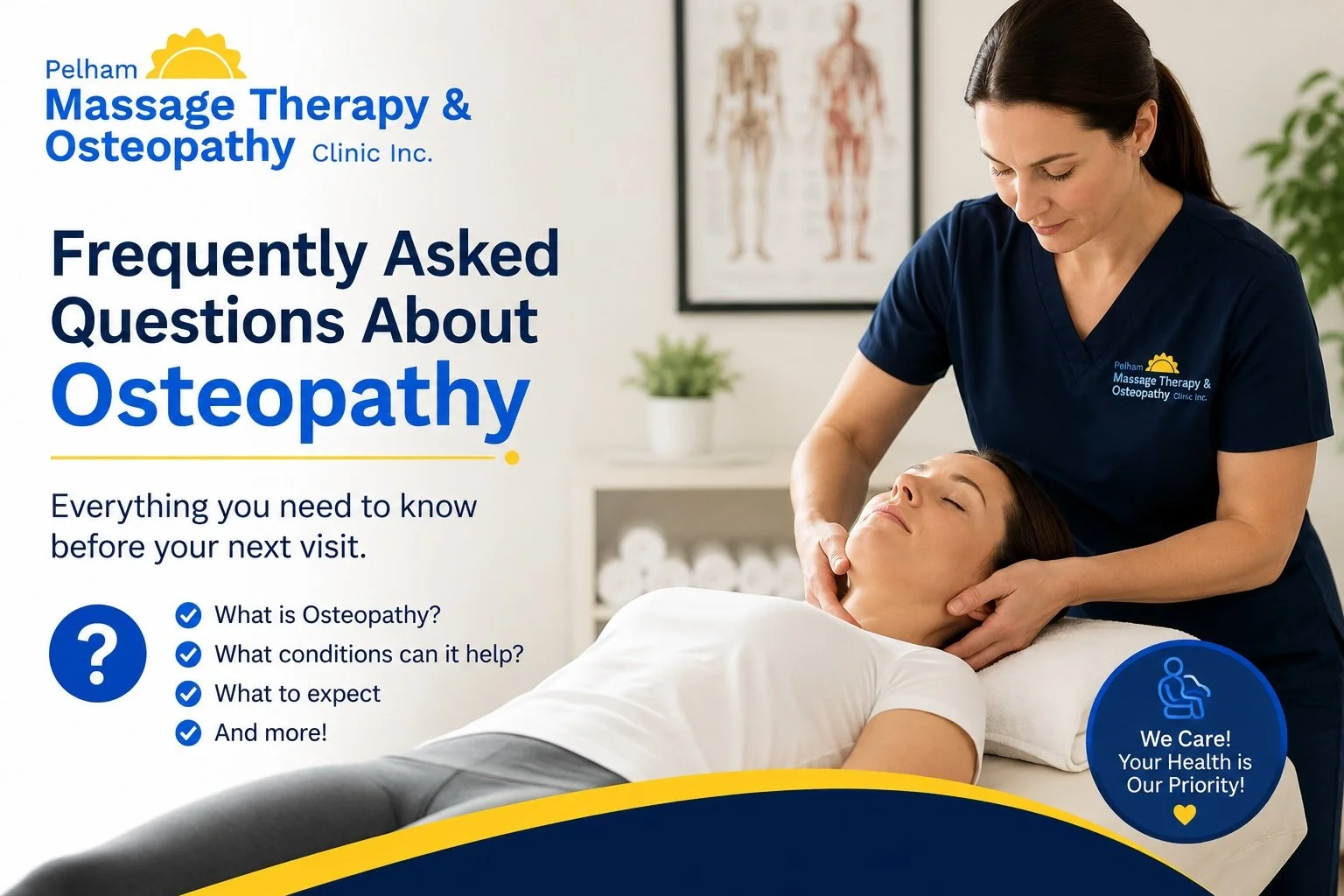 Osteopathy treatment at Pelham Massage Therapy & Osteopathy Clinic in Fonthill, answering common questions about osteopathy and what to expect during your visit.
