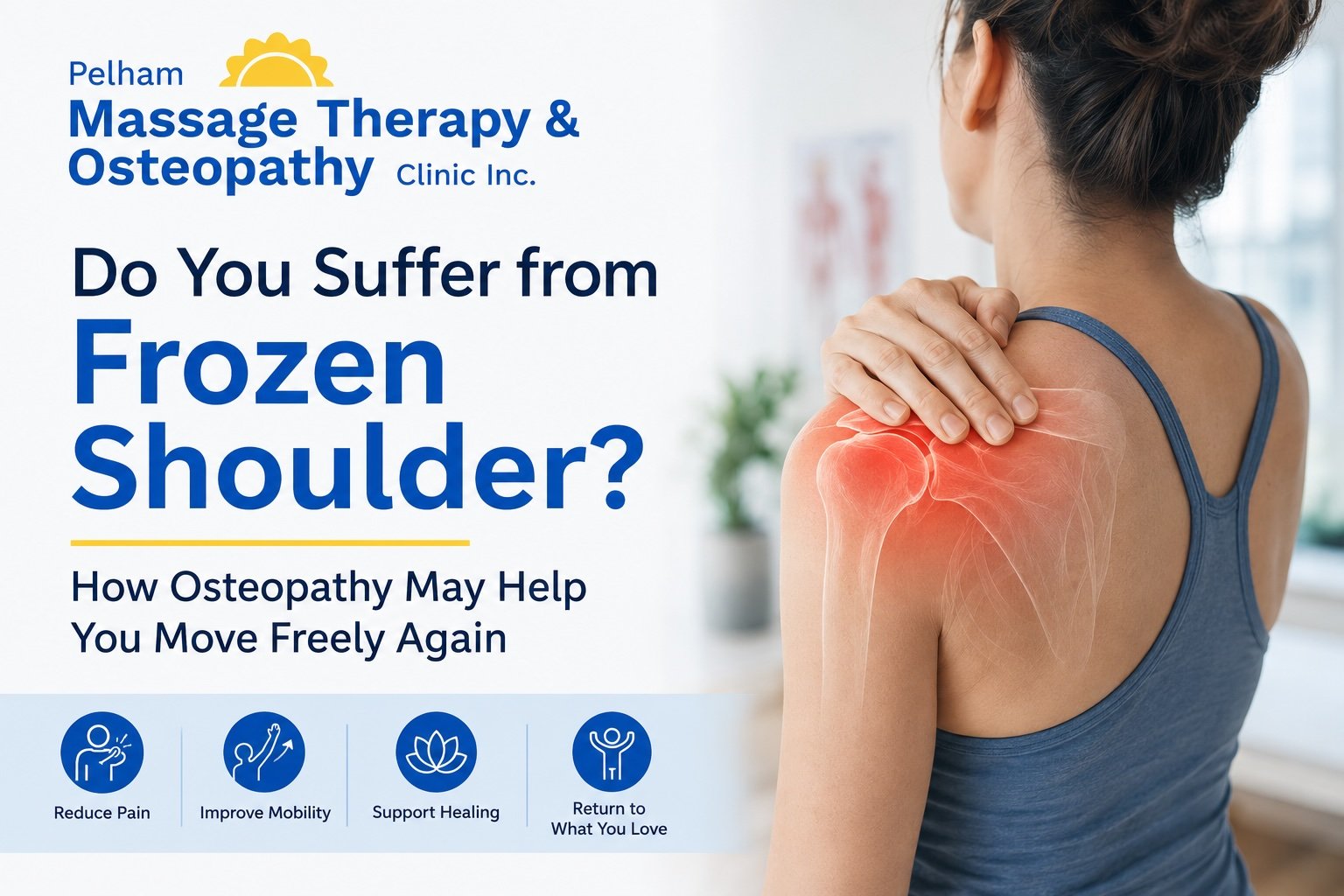 Person with frozen shoulder pain illustrating how osteopathy can help improve mobility and reduce pain at Pelham Massage Therapy & Osteopathy Clinic in Fonthill.