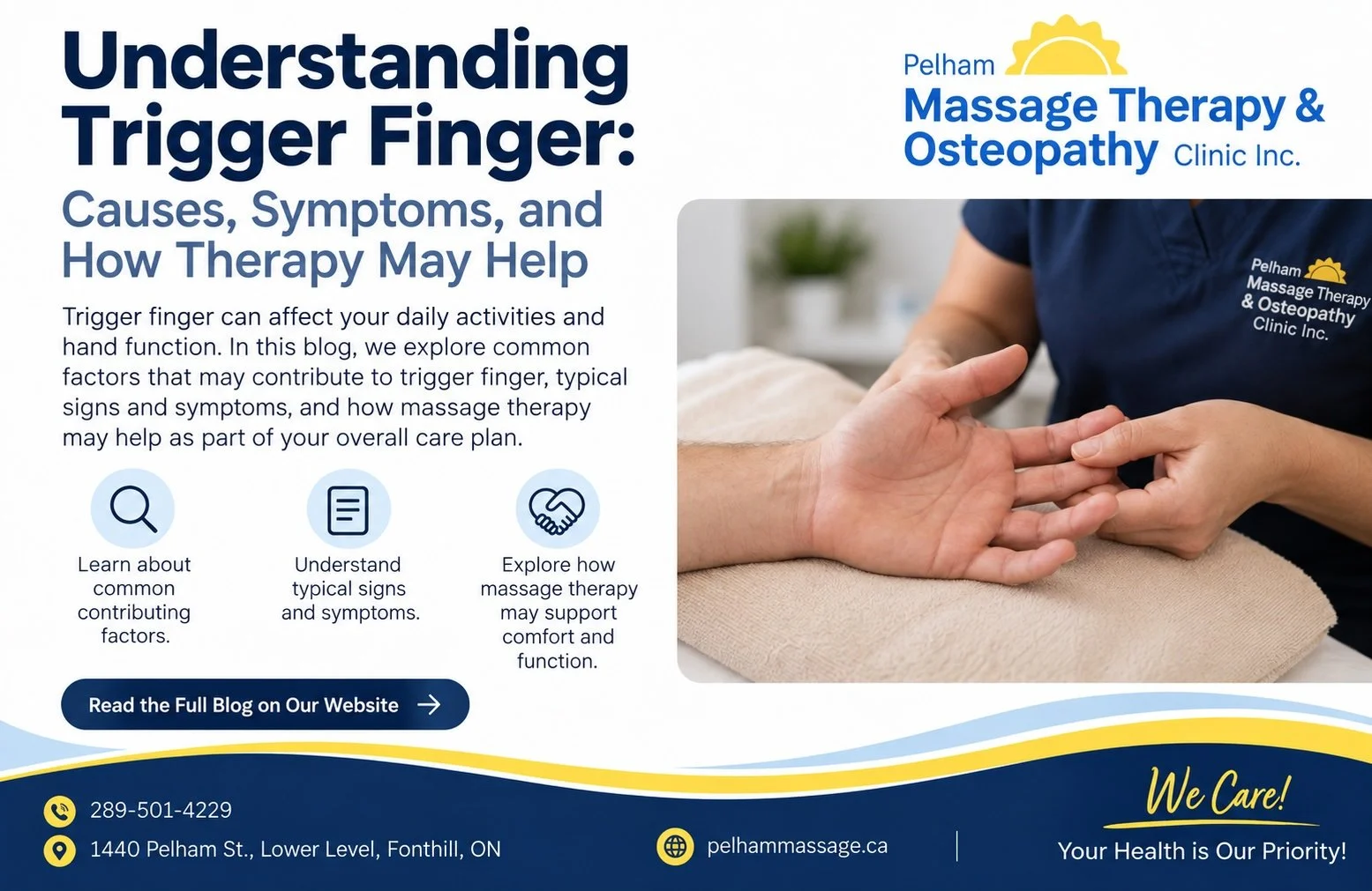 Registered Massage Therapist providing hands-on treatment to a client’s hand for an educational blog about trigger finger at Pelham Massage Therapy & Osteopathy Clinic in Fonthill, Ontario.