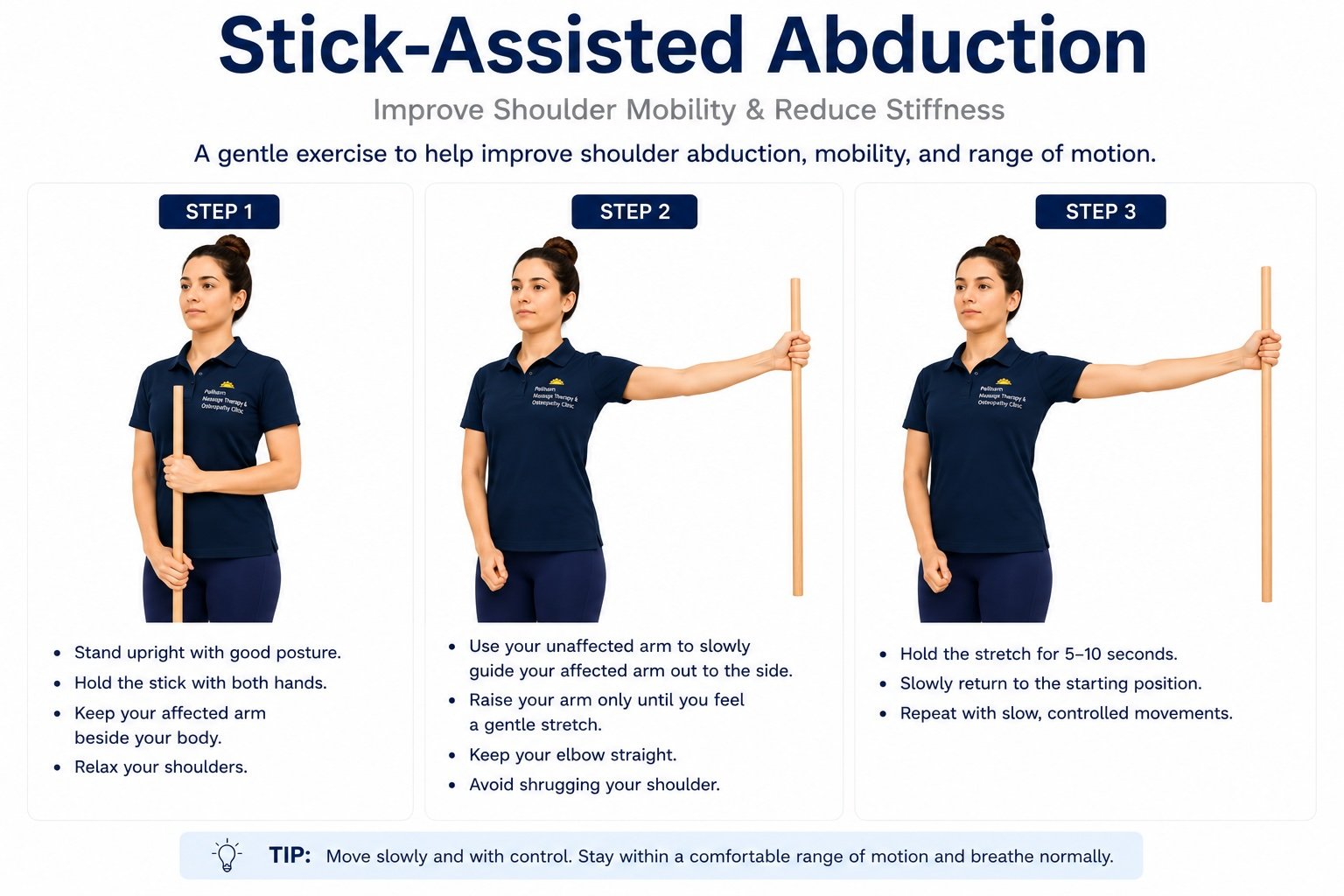 Stick-Assisted Abduction exercise at Pelham Massage Therapy & Osteopathy Clinic in Fonthill, Ontario to improve shoulder mobility, reduce stiffness, and support frozen shoulder rehabilitation.