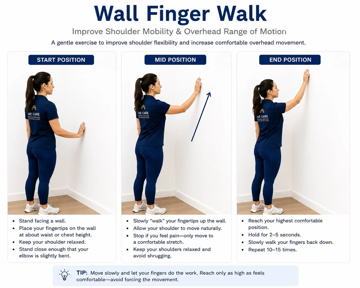 Wall Finger Walk exercise demonstrating the start, mid, and end positions to improve shoulder mobility, flexibility, and overhead range of motion. Pelham Massage Therapy & Osteopathy Clinic, Fonthill, Ontario.