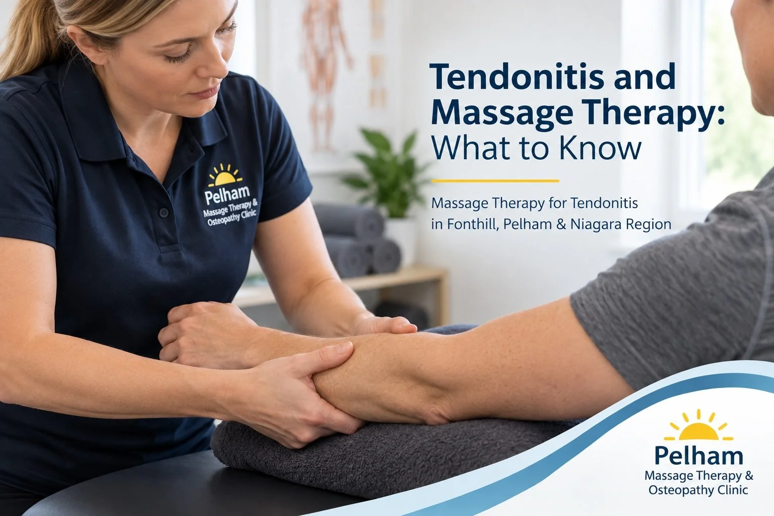 Registered Massage Therapist providing Massage Therapy to the forearm and elbow area for tendonitis-related symptoms at Pelham Massage Therapy & Osteopathy Clinic in Fonthill, Ontario.