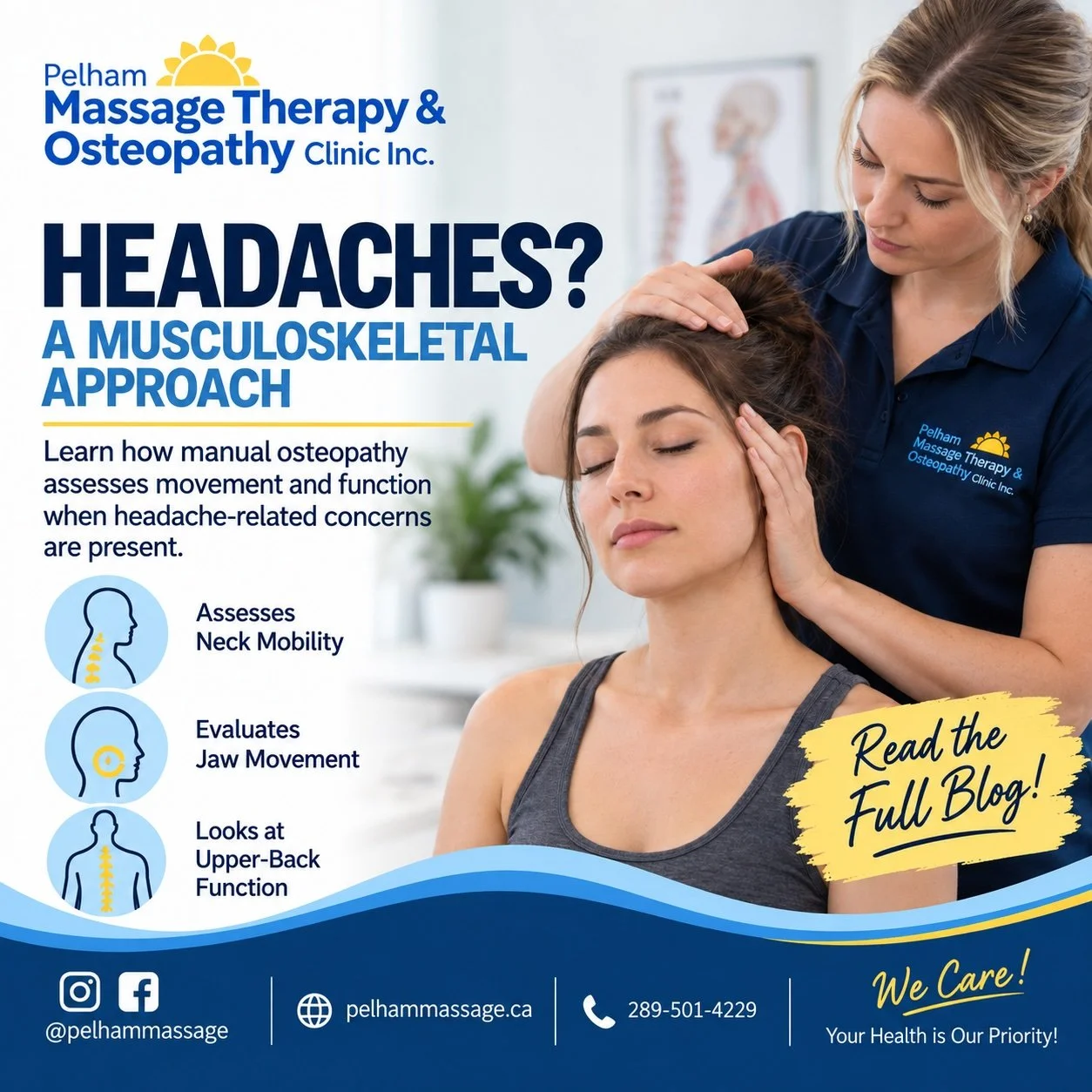 Female osteopathic practitioner assessing a patient with headache-related concerns at Pelham Massage Therapy & Osteopathy Clinic in Fonthill, Ontario.