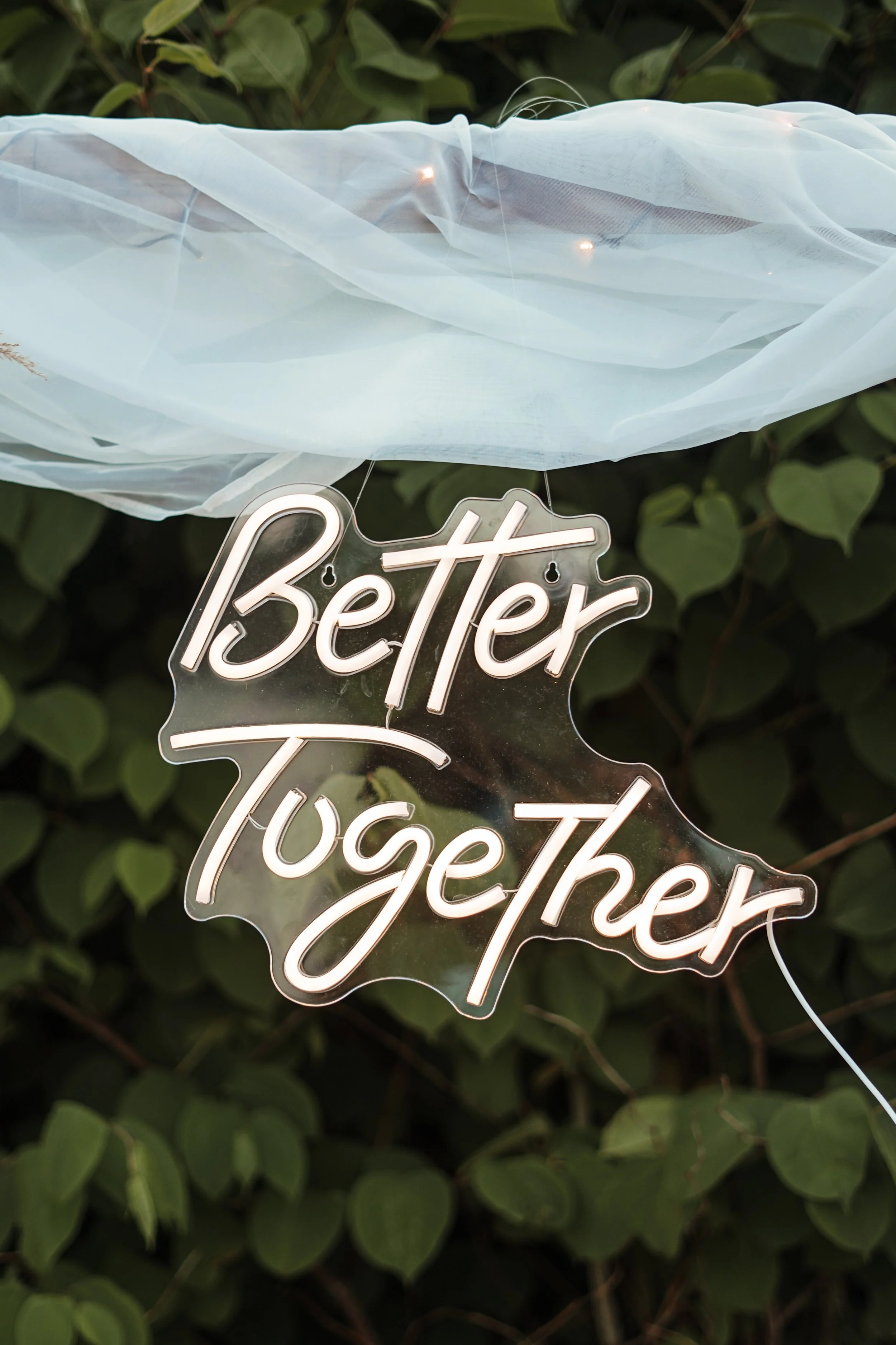 Neonlicht mit den Worten 'Besser Zusammen' vor grünem Laub und heller Tüllstoff im Hintergrund.