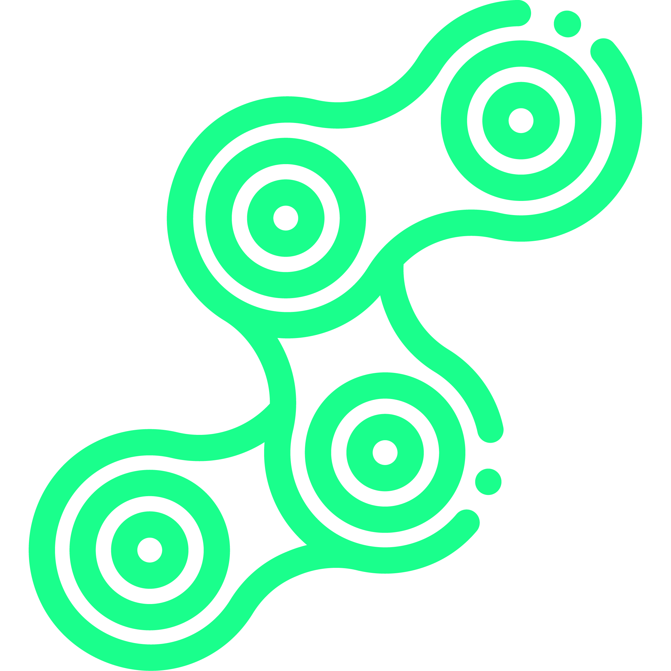 Grafik von grünen, verschlungenen Linien mit kreisförmigen Mustern auf schwarzem Hintergrund.