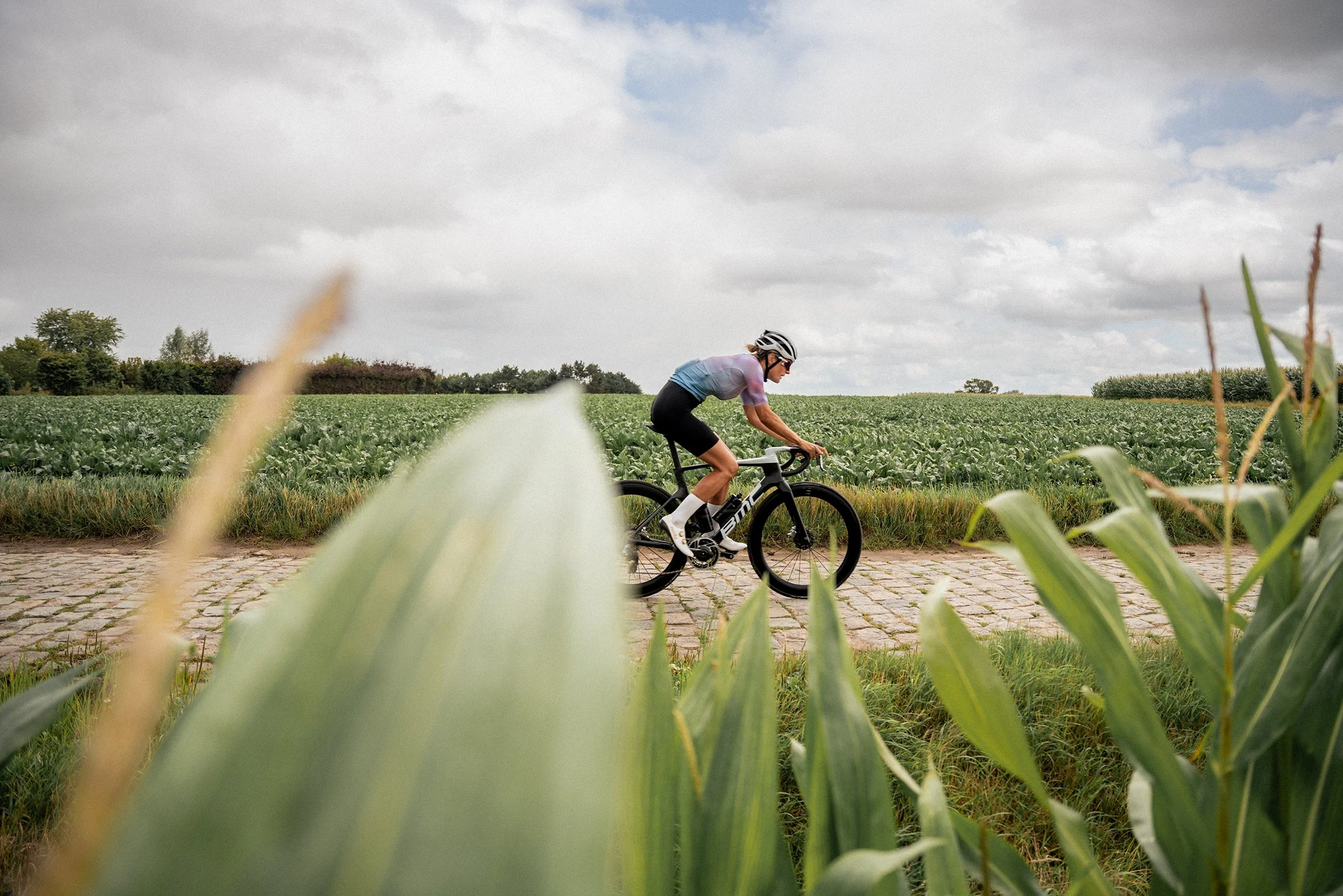 Mann fährt Fahrrad auf ländlicher Straße, umgeben von grünen Feldern und Pflanzen, bei bewölktem Himmel.