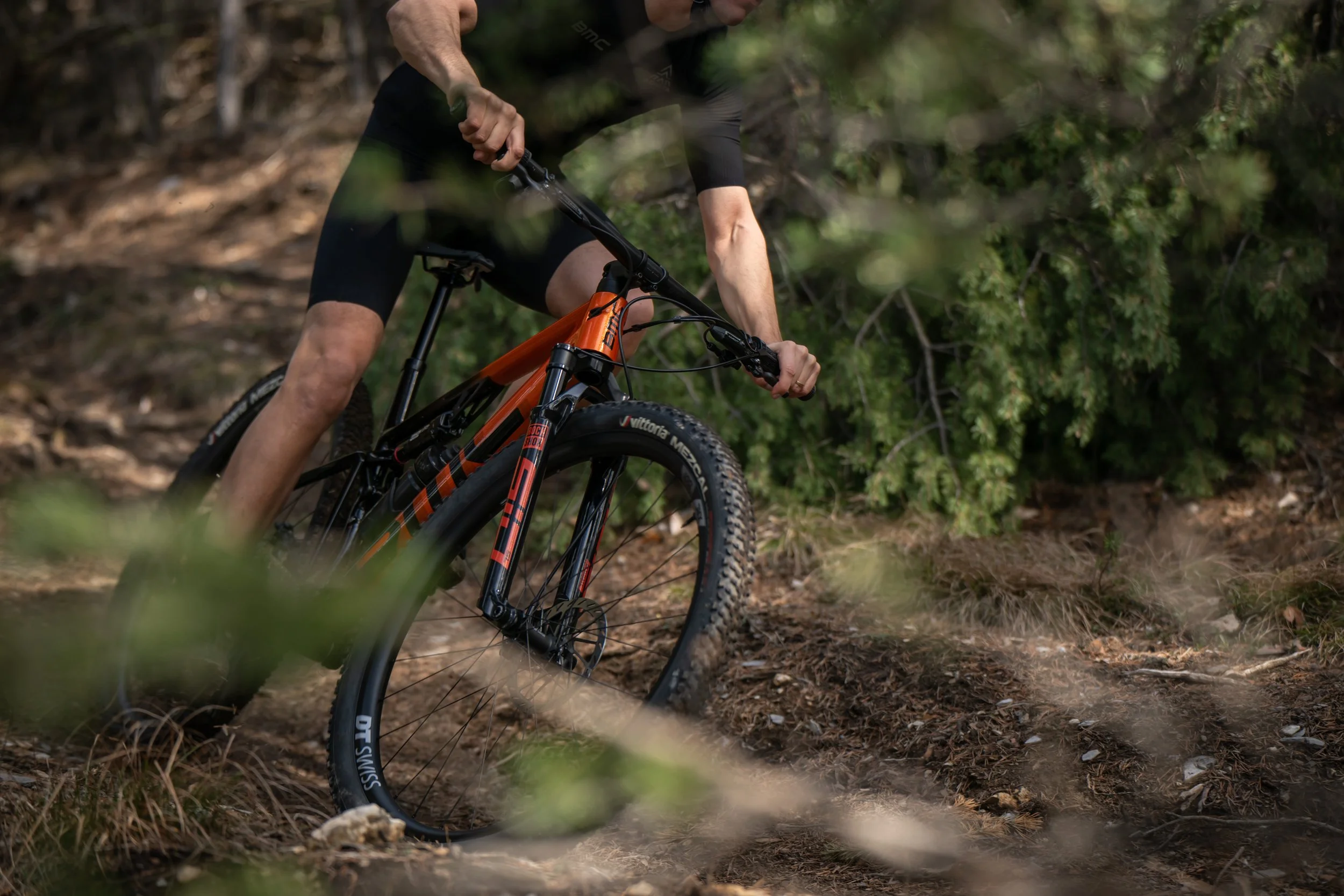Ein Mountainbike-Fahrer fährt auf einem Waldpfad.