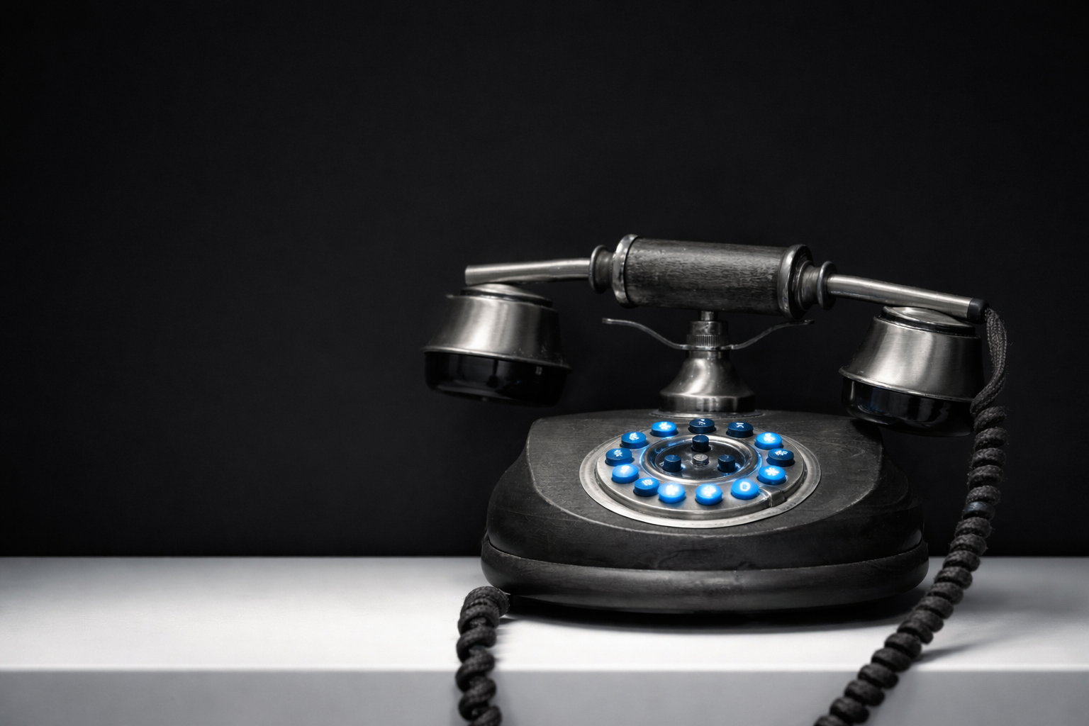 Telefono anni 60 nero su piano bianco e sfondo nero con tasti blu come unica parte colorata