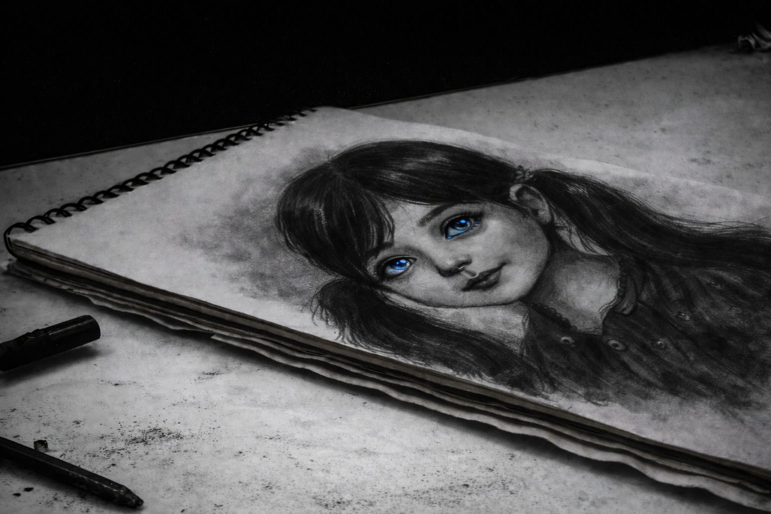 Disegno su foglio poggiato su tavolo bianco con bambina con occhi blu, matite sul tavolo, bianco nero tranne occhi blu della bambina