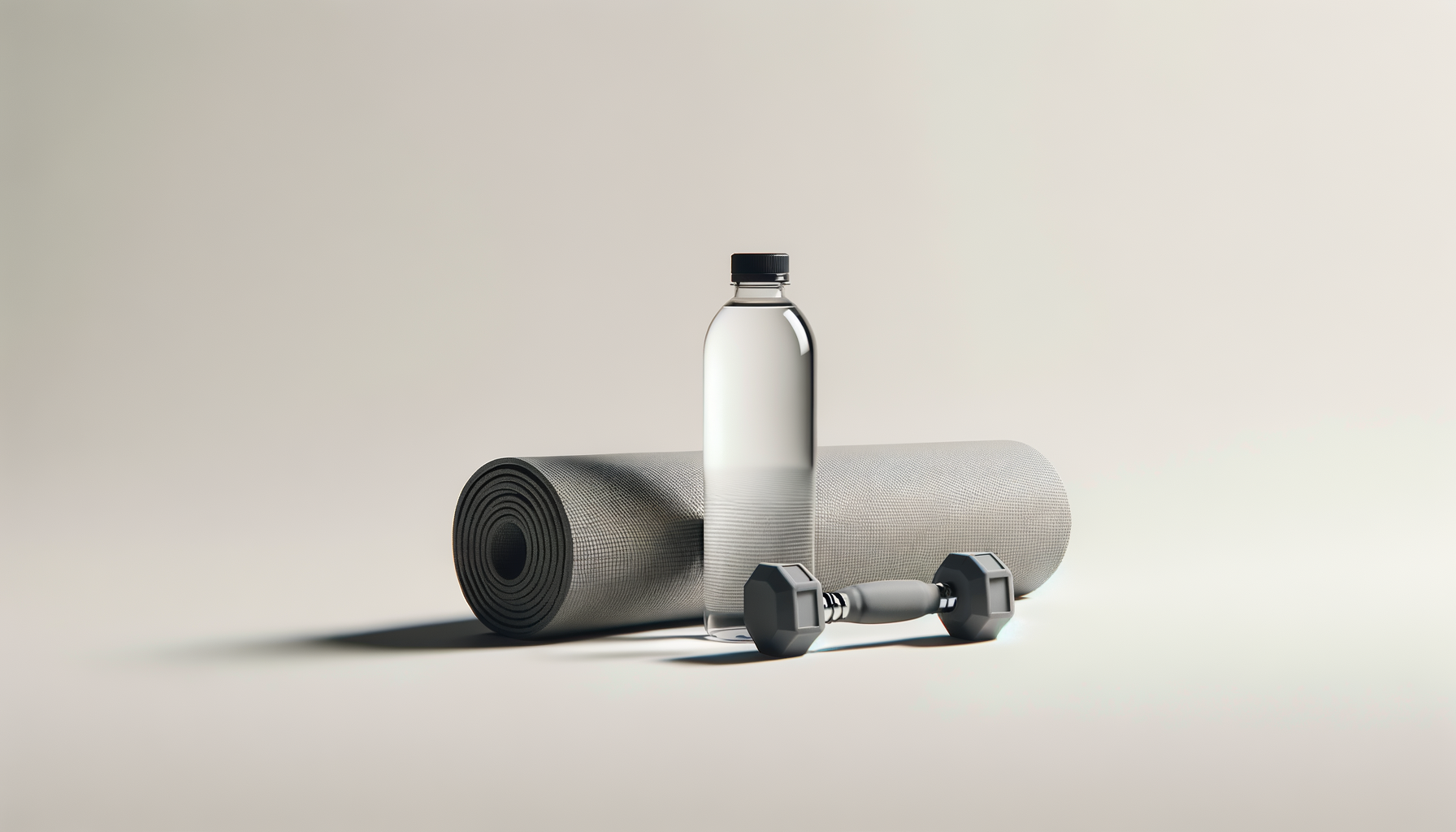 A rolled gray yoga mat, a clear water bottle with a black cap, and a pair of gray dumbbells arranged on a light surface with a plain light background.