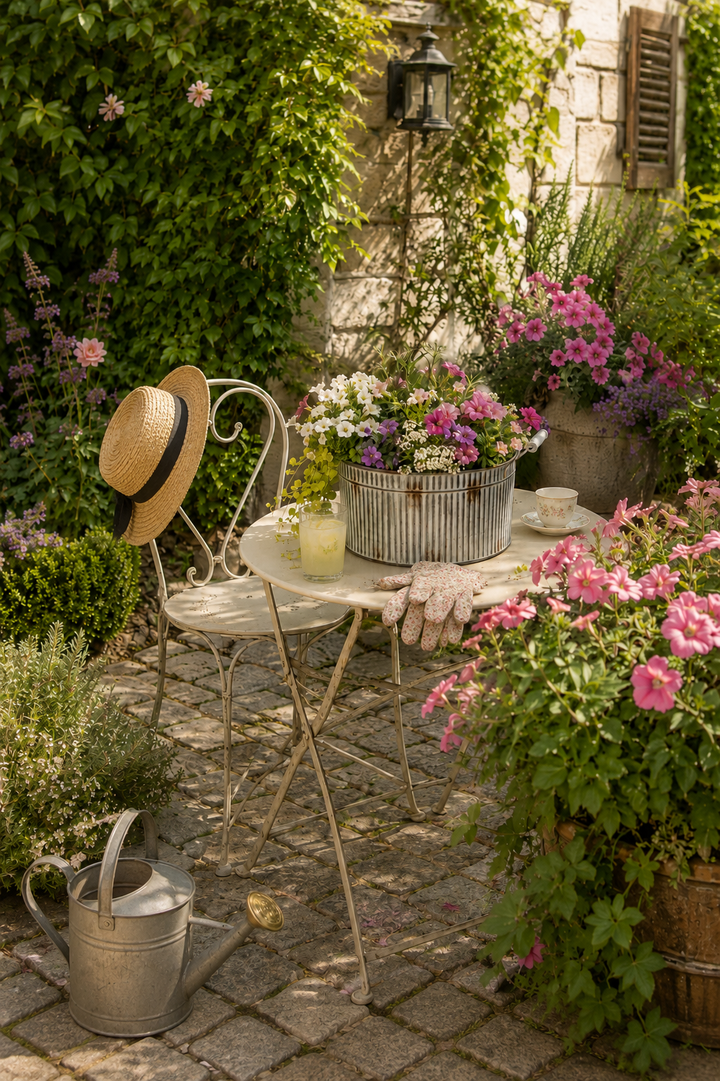 A cozy garden patio setup with a white metal table and chair, large potted flowers, a straw hat with a black ribbon hanging on the chair, gardening gloves on the table, a teacup and saucer, a glass of lemonade, surrounded by green foliage and blooming pink, purple, and white flowers.