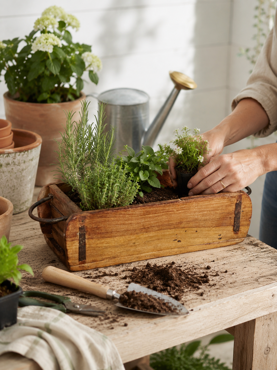 Person planting a small potted plant into a wooden planter box filled with dirt, surrounded by gardening tools and potted plants on a wooden table.