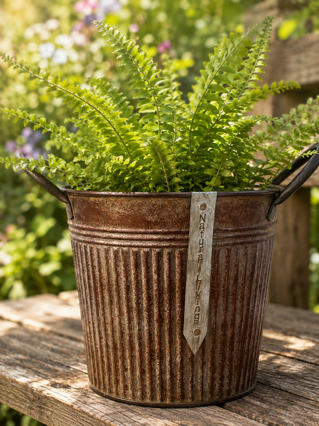 A rusty metal bucket with a metal handle and a vertical metal strip labeled 'Natural Living' contains a lush green fern with fronds extending outward, placed outdoors on a weathered wooden surface with a blurred garden background.