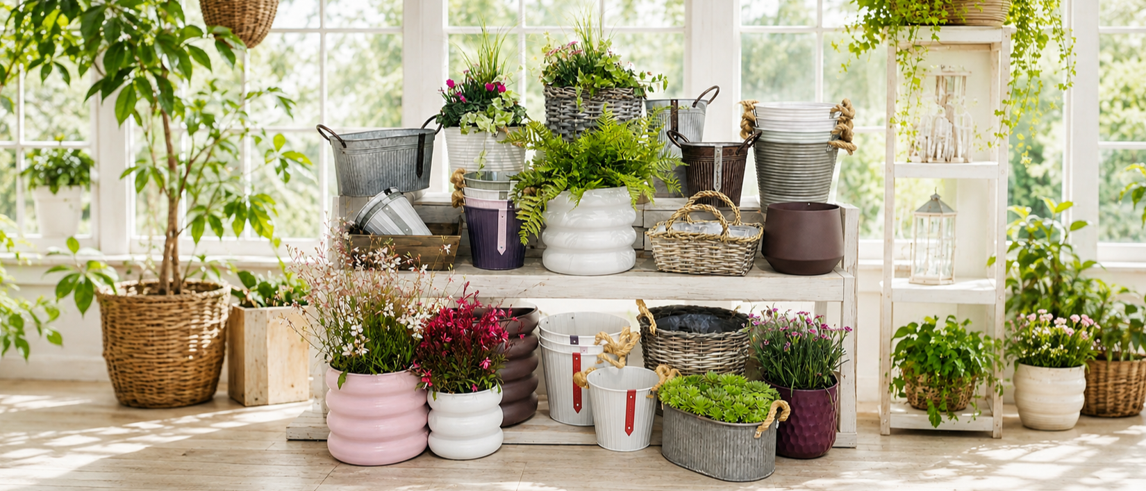 Indoor garden with potted plants and flower baskets on shelves and floor, sunlight streaming through windows.