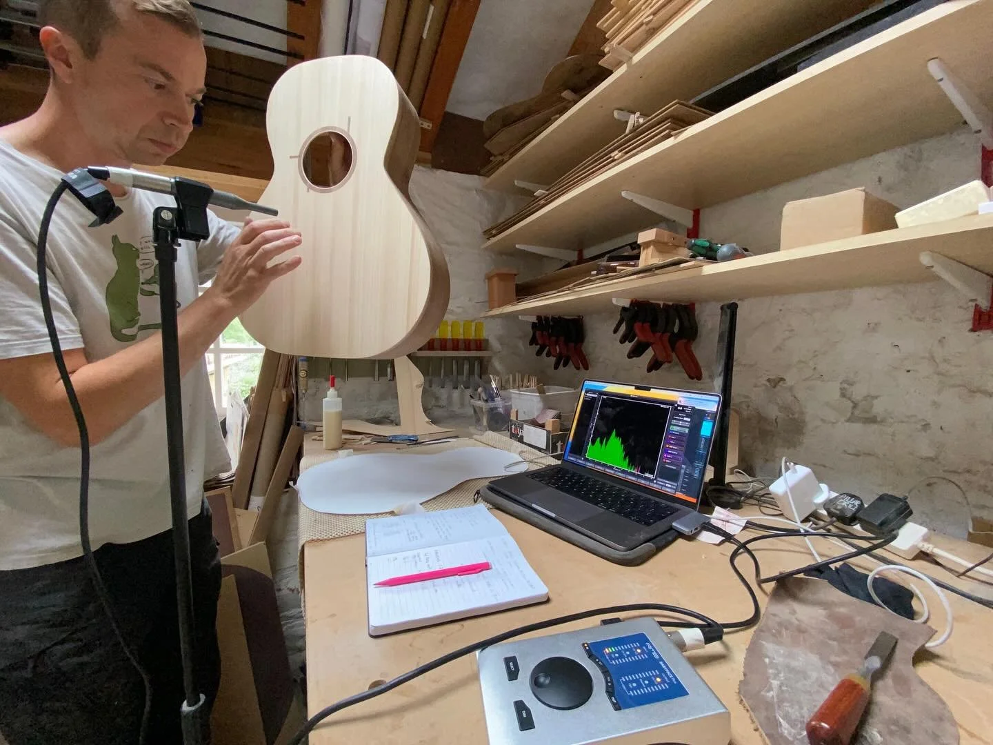 Tuning the soundboard now the sides are attached I can make sure the fundamental resonance is clear of any note frequencies
