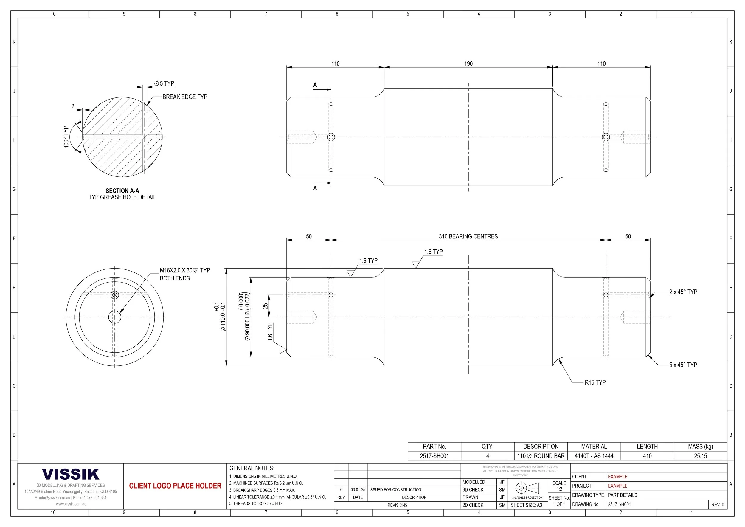 4140 steel machined conveyor shaft engineering drawing