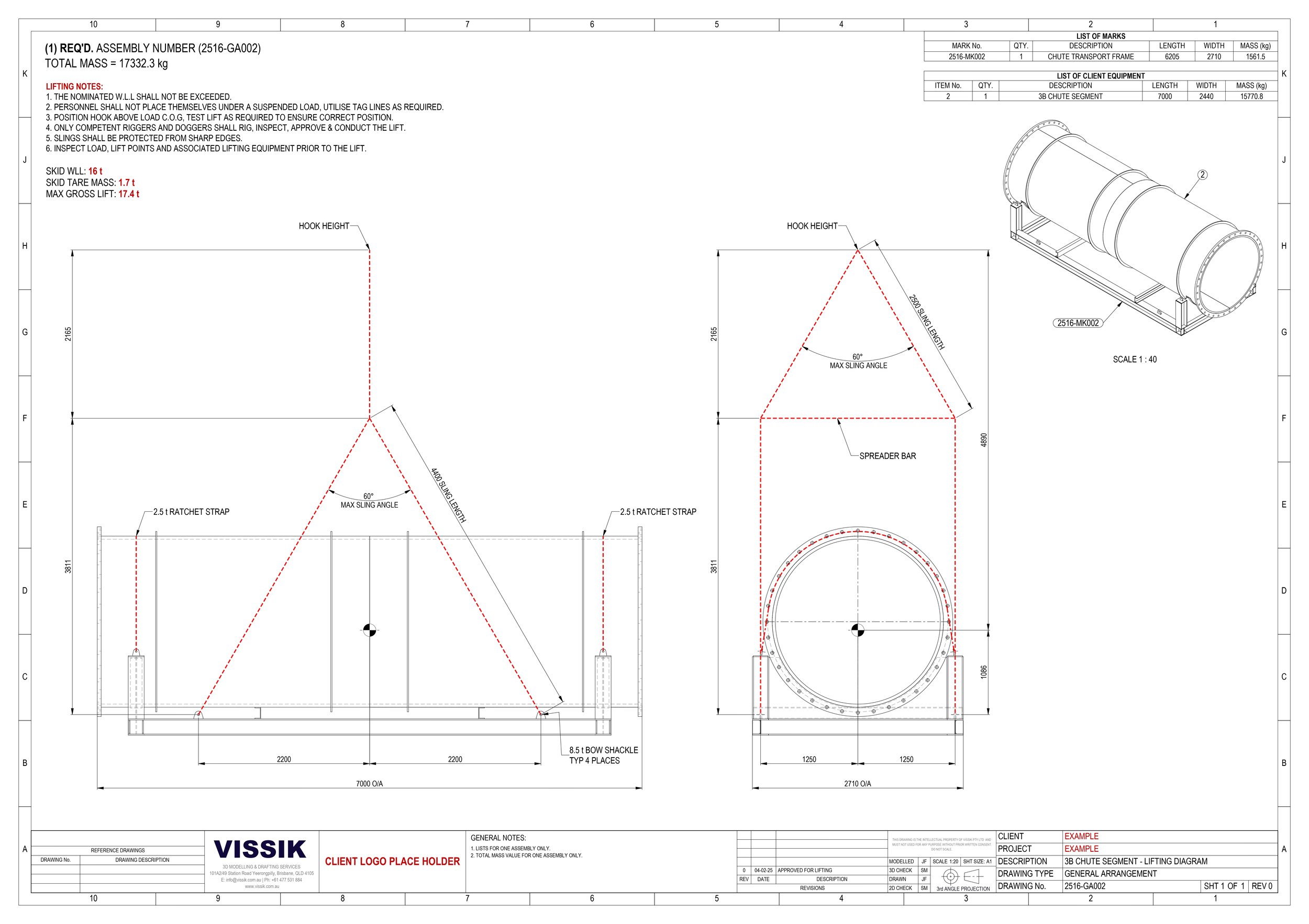 Telescopic chute lifting diagram with lashing and max sling angles