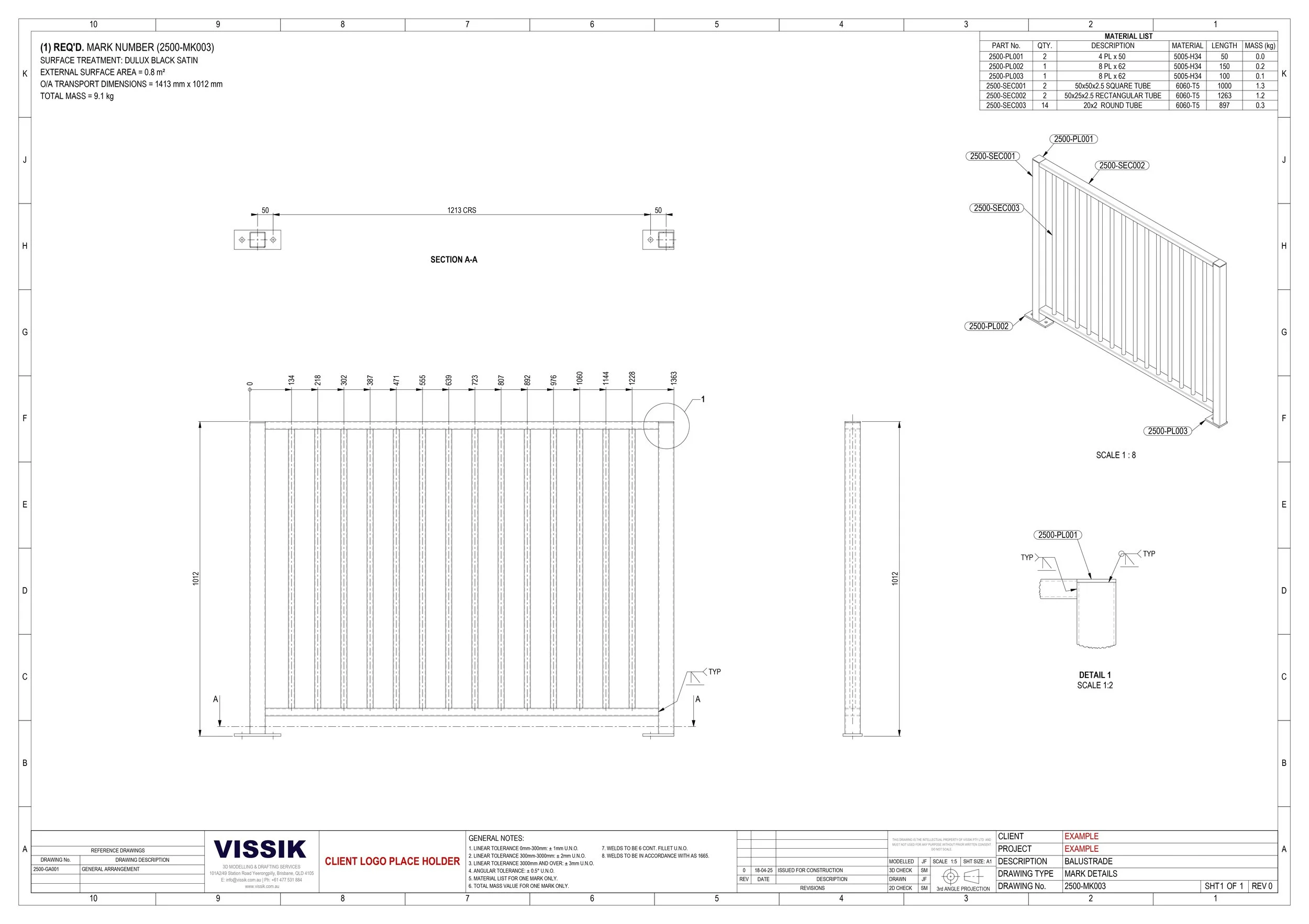 Aluminium balustrade panel shop drawing