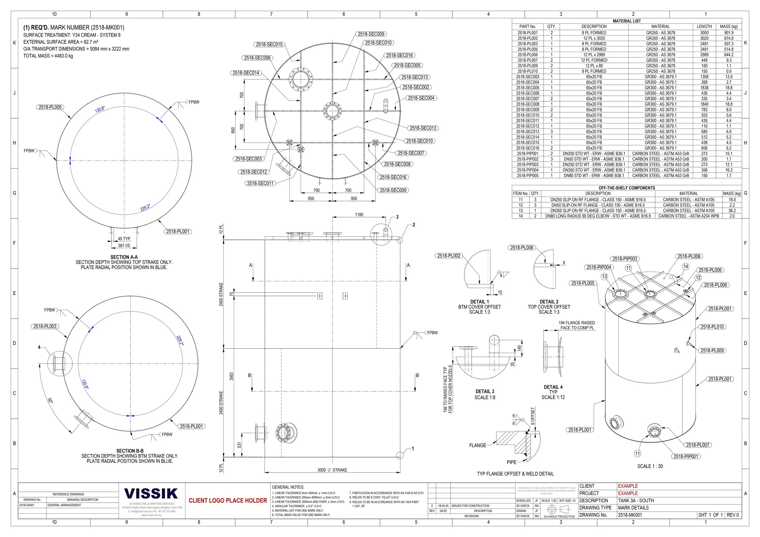 Tank workshop drawing with bill of materials and nozzle schedule