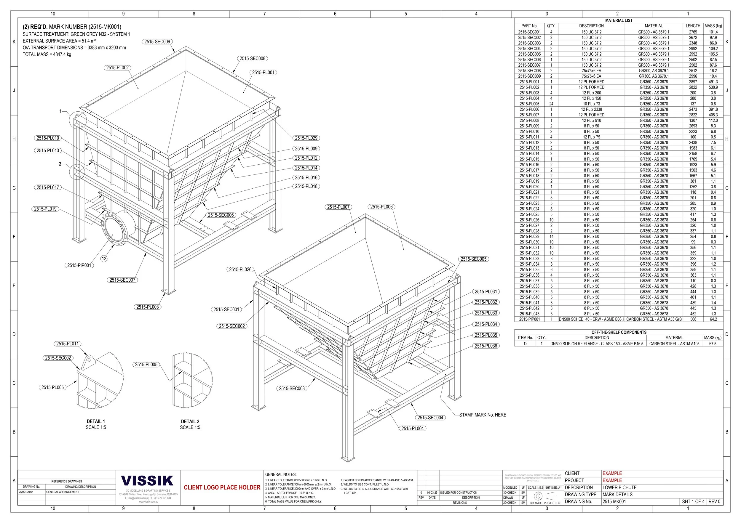 Coal chute with internal tile liner
