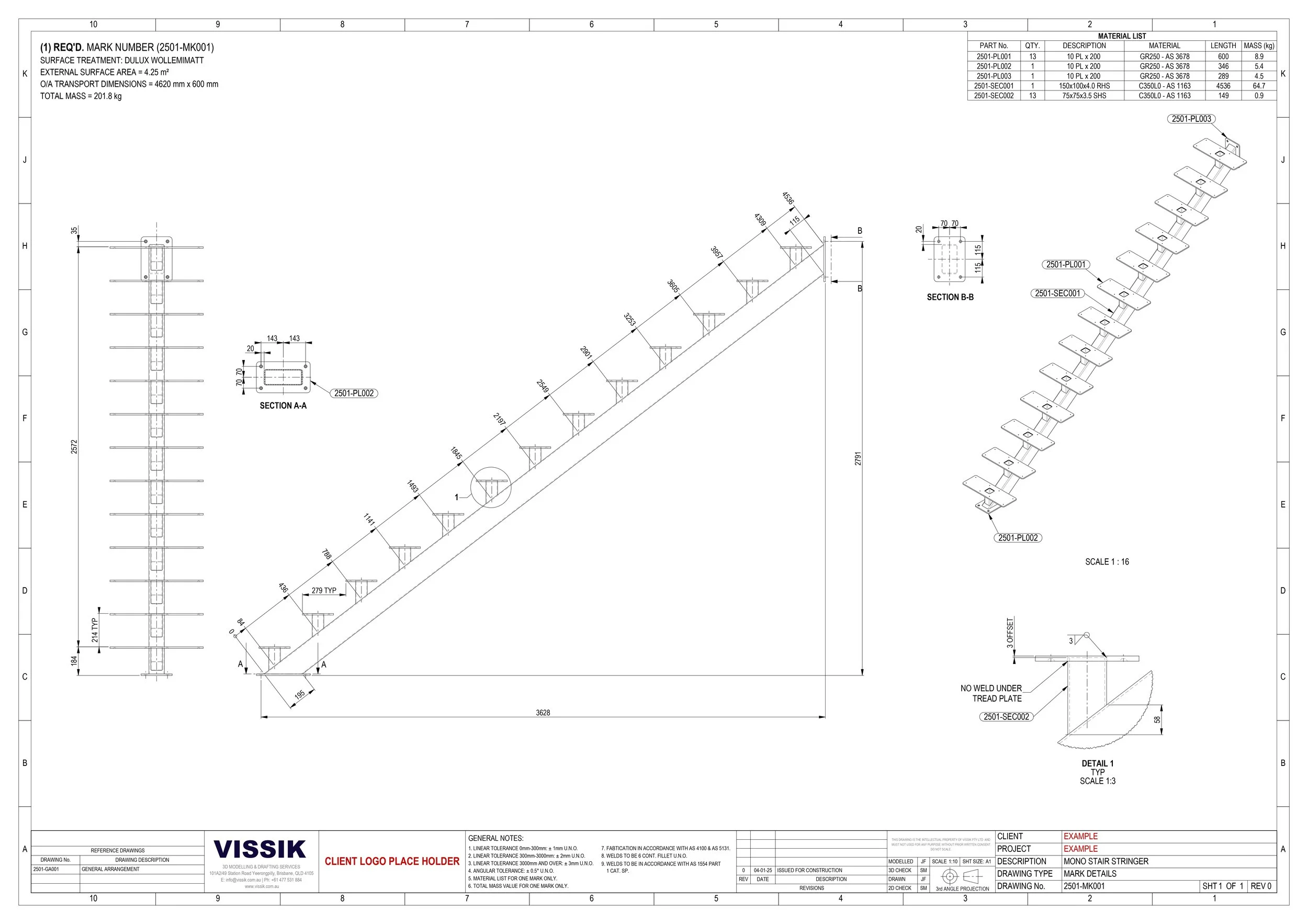 Mono stair stair stringer engineering drawing