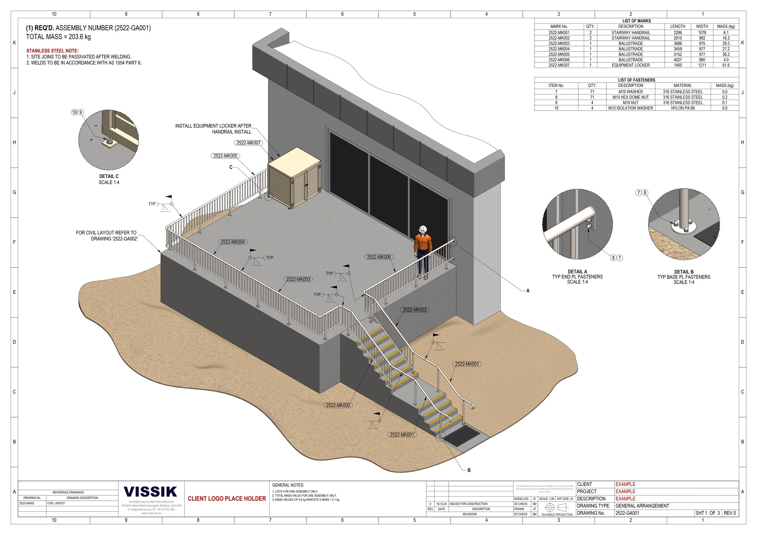 Stainless steel handrail general arangement engineering drawing