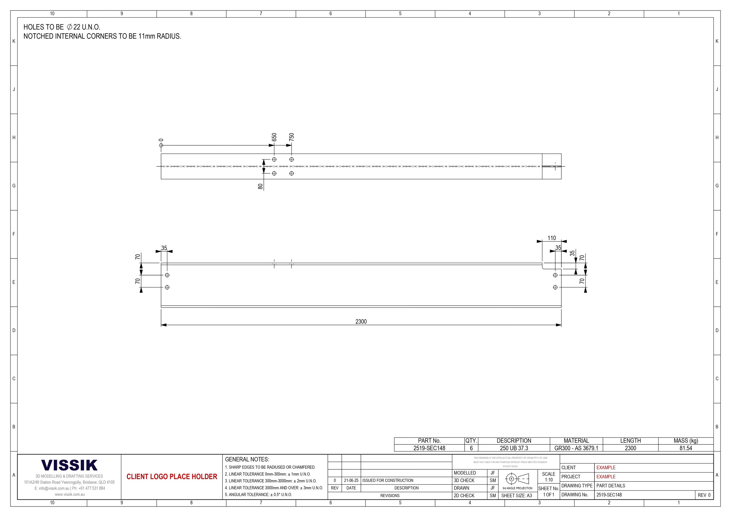 Part detail engineering drawing of coped structural beam