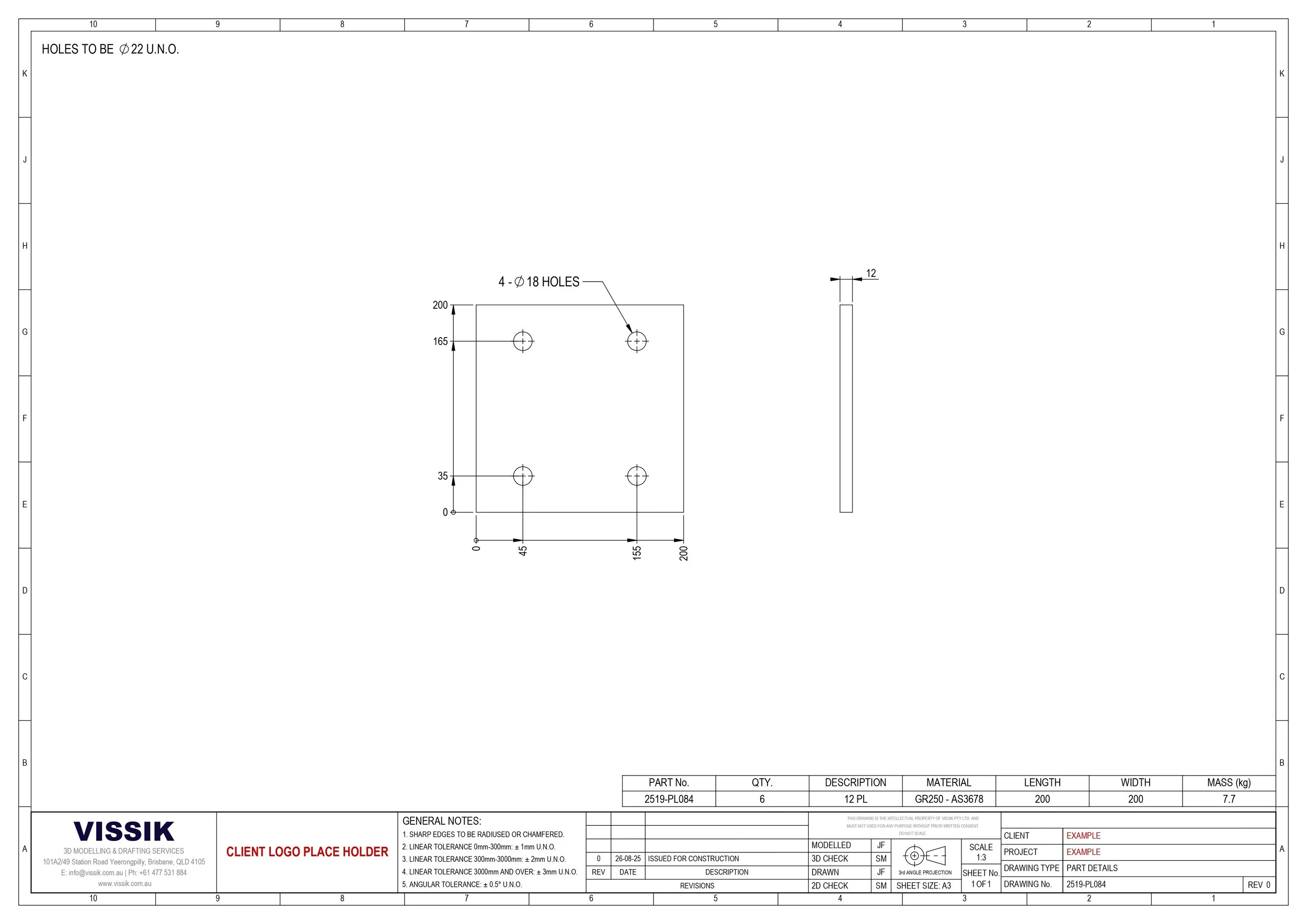 Grade 250 steel plate part drawing
