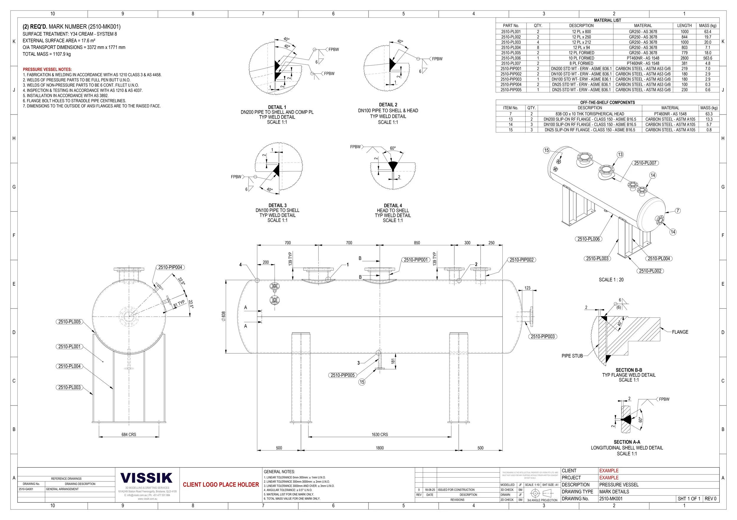 Pressure vessel detail drawing with nozzle schedule