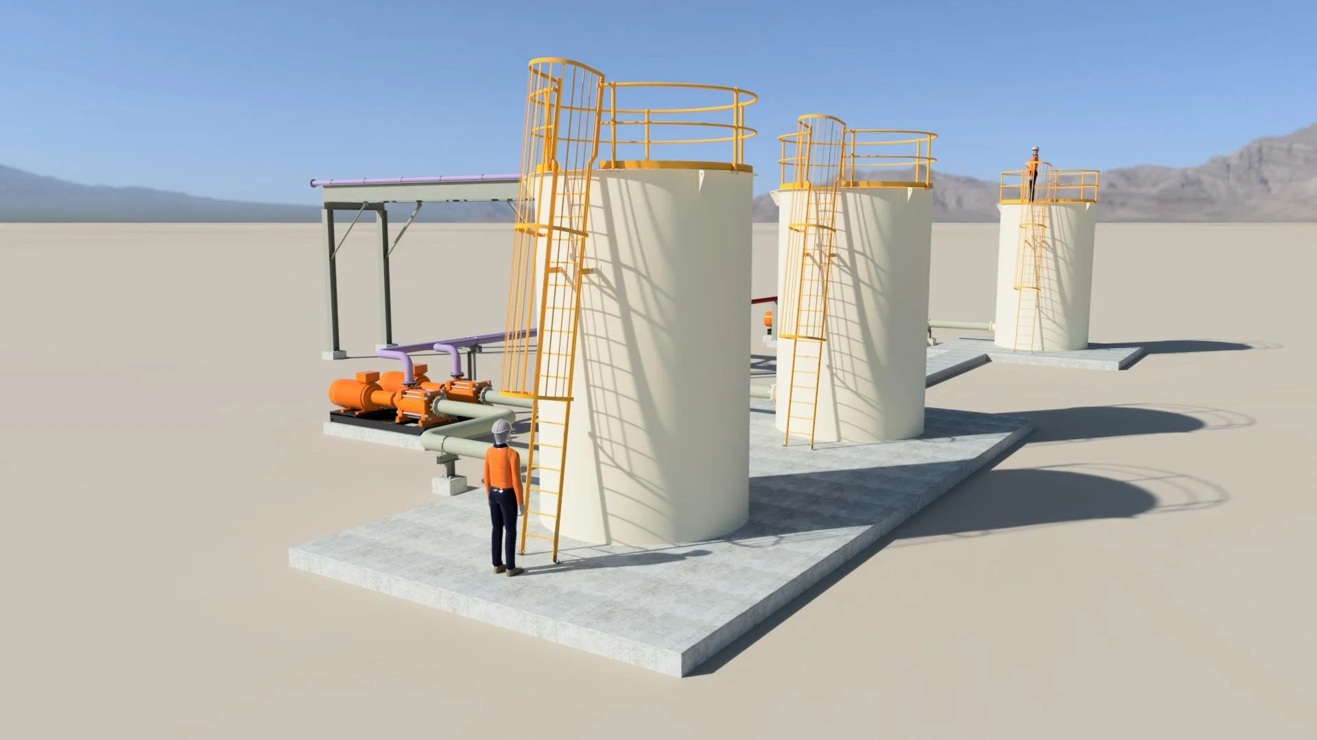 Coal storage tanks with cage ladders, pipe spools on pipe bridge and pump plinths.