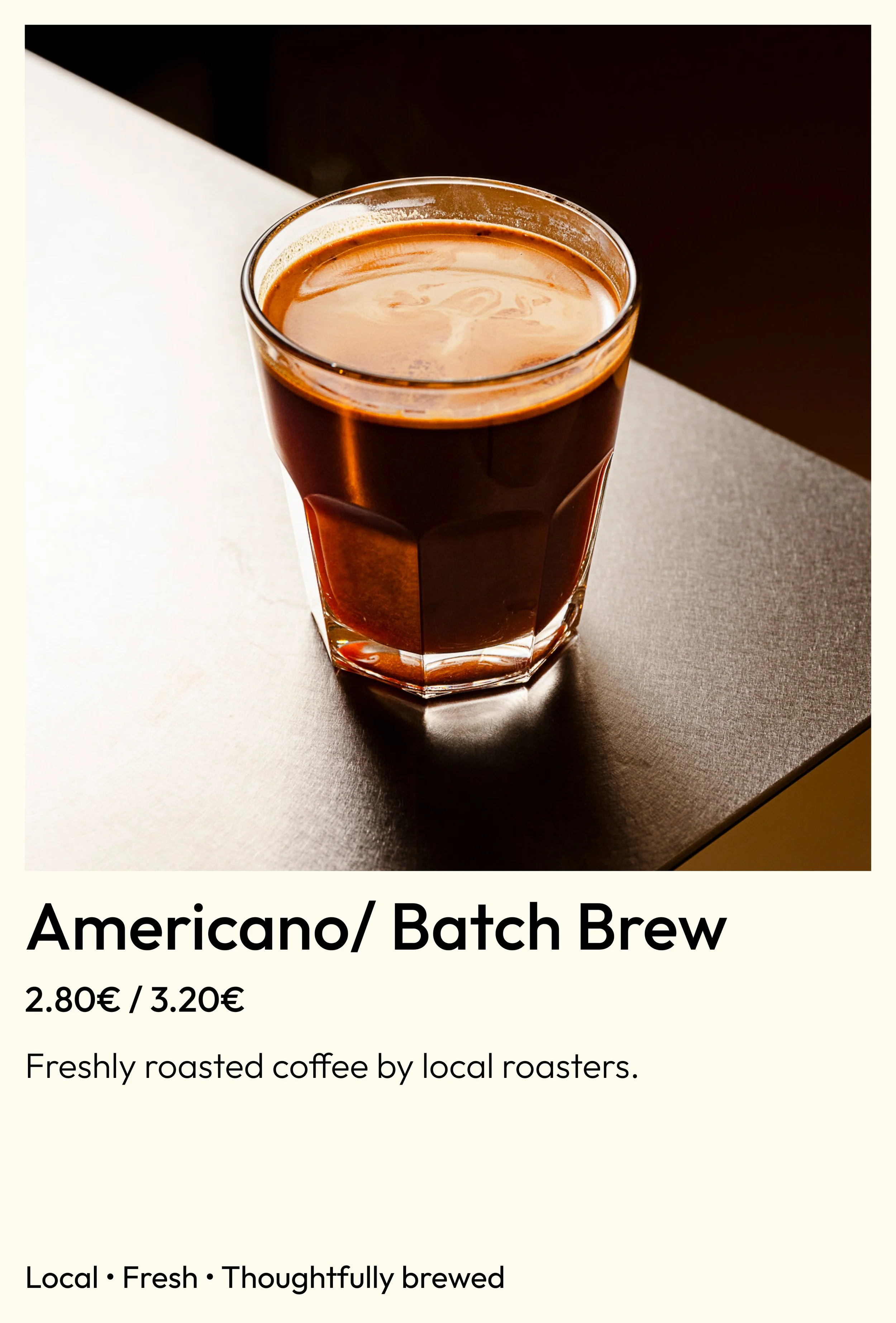 Black coffee, Americano or batch brew, served at Circl café in Eixample, Barcelona