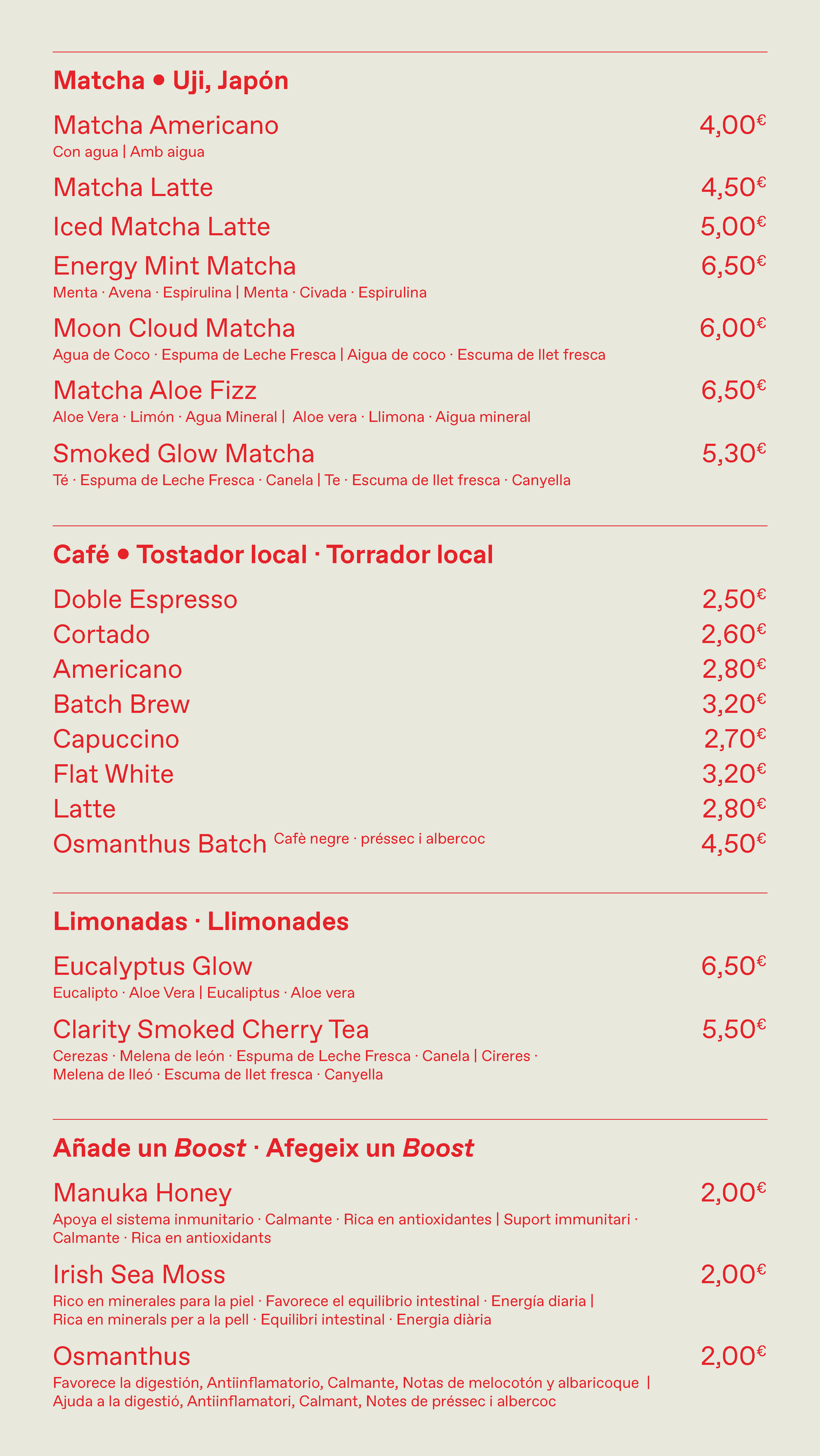 Menu in Spanish and Catalan with drink options including Matcha, coffee, and lemonades, and boosts such as Manuka Honey, Irish Sea Moss, and Osmanthus Batch.