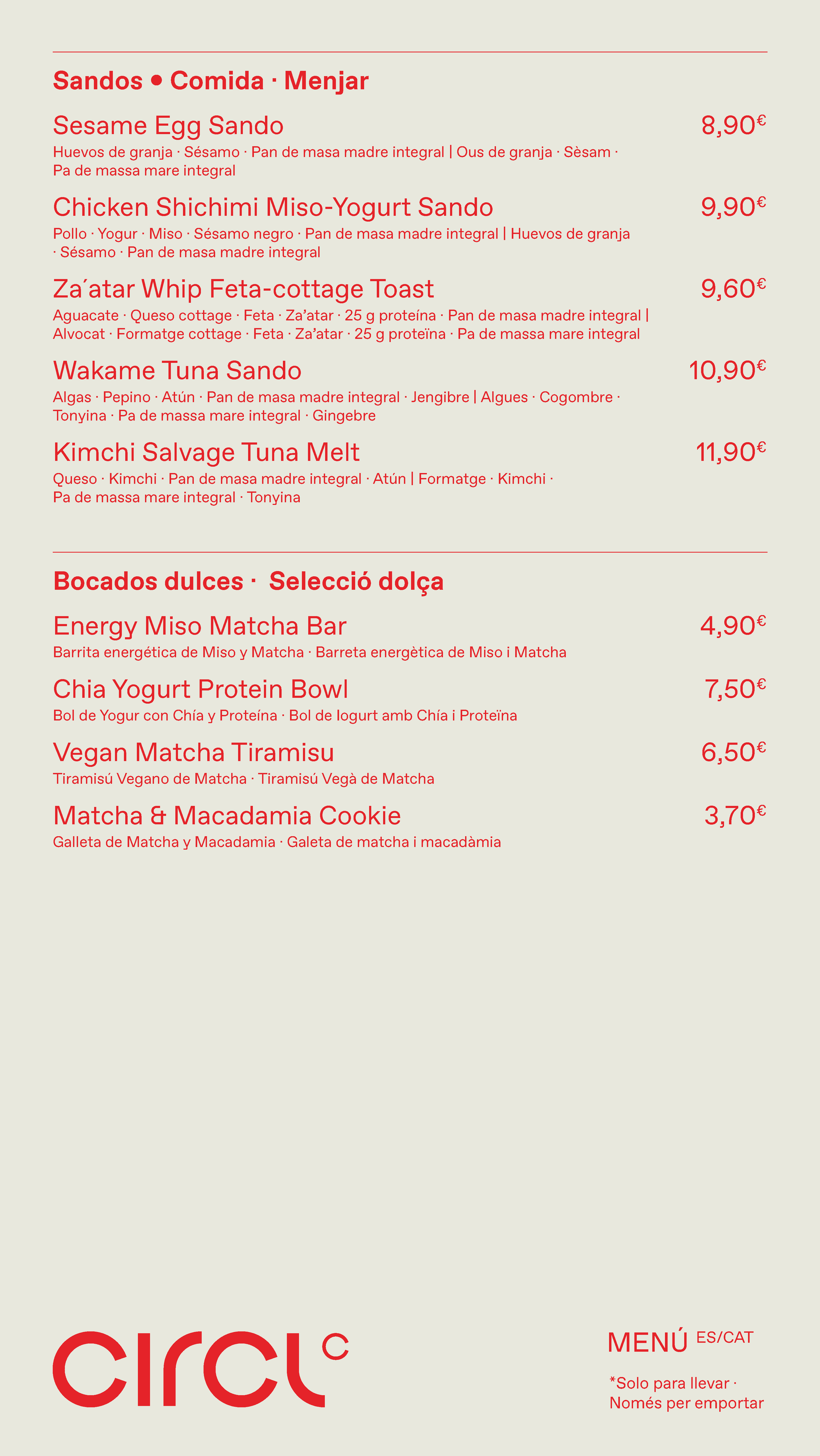 Menu featuring various dishes such as sesame egg sandwich, chicken shichimi miso-yogurt sandwich, avocado whip feta toast, tuna sandwich, kimchi tuna melt, and sweet treats like energy miso matcha bar, chia yogurt protein bowl, vegan matcha tiramisu, and matcha macadamia cookie.