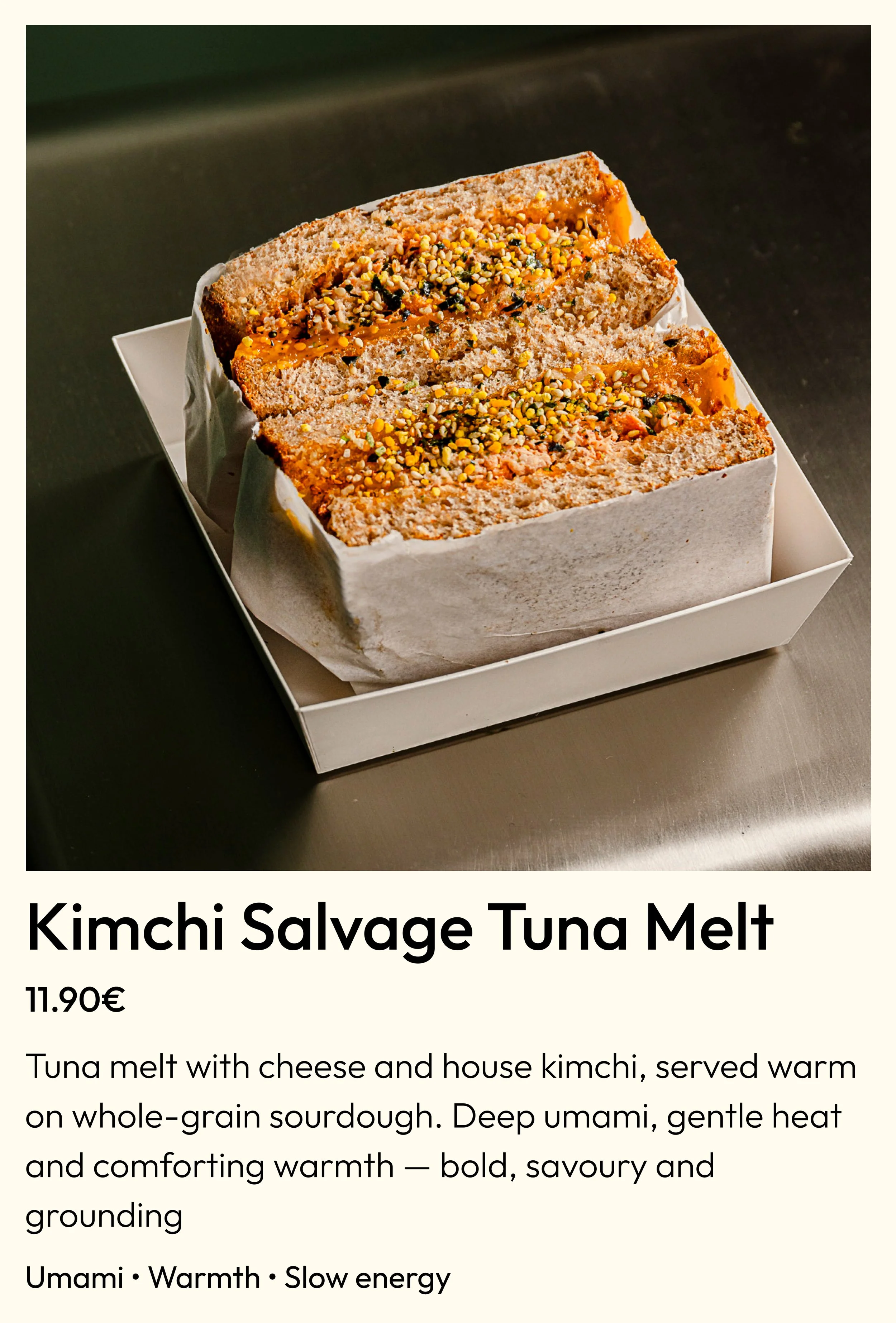 Kimchi Tuna Melt – warm tuna melt with cheese and house kimchi on sourdough at Circl, Barcelona