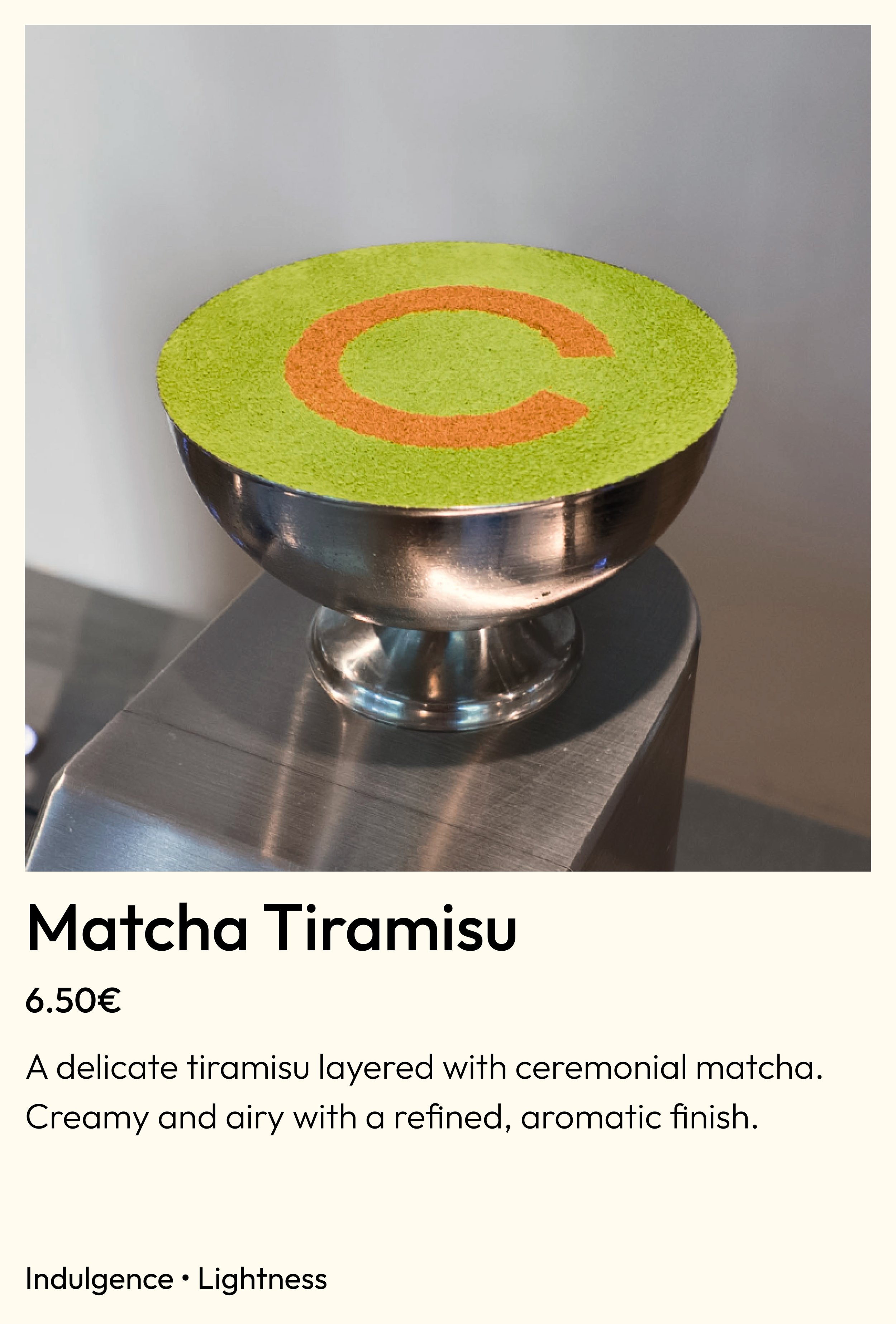 Matcha Tiramisu – layered ceremonial matcha tiramisu with Circl logo dusting at Circl, Barcelona