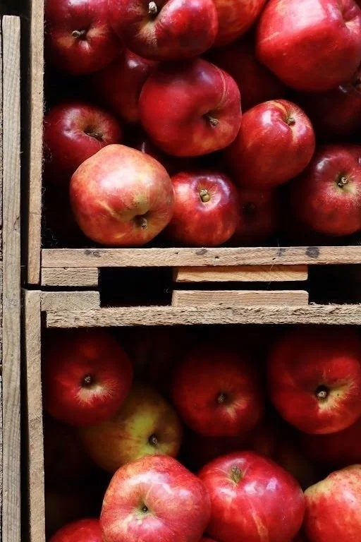 Røde og grønne epler i en trækasse på en markedsplass.