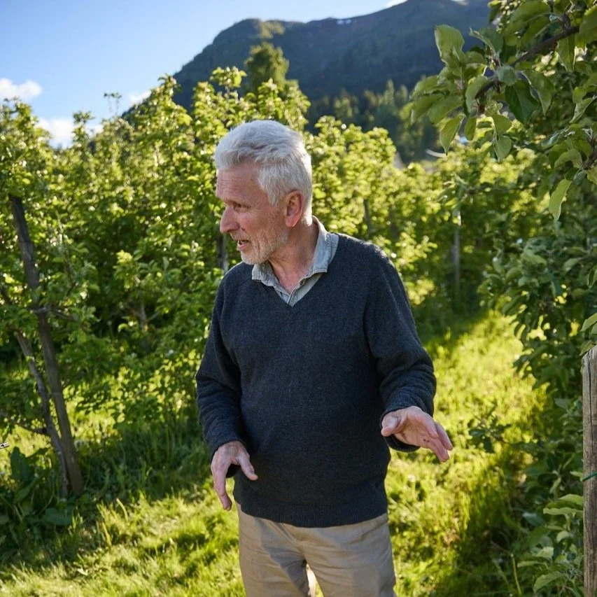 En eldre mann med grått hår og skjegg som står i en hage omgitt av grønne busker og trær, med fjell i bakgrunnen, på en solrik dag.